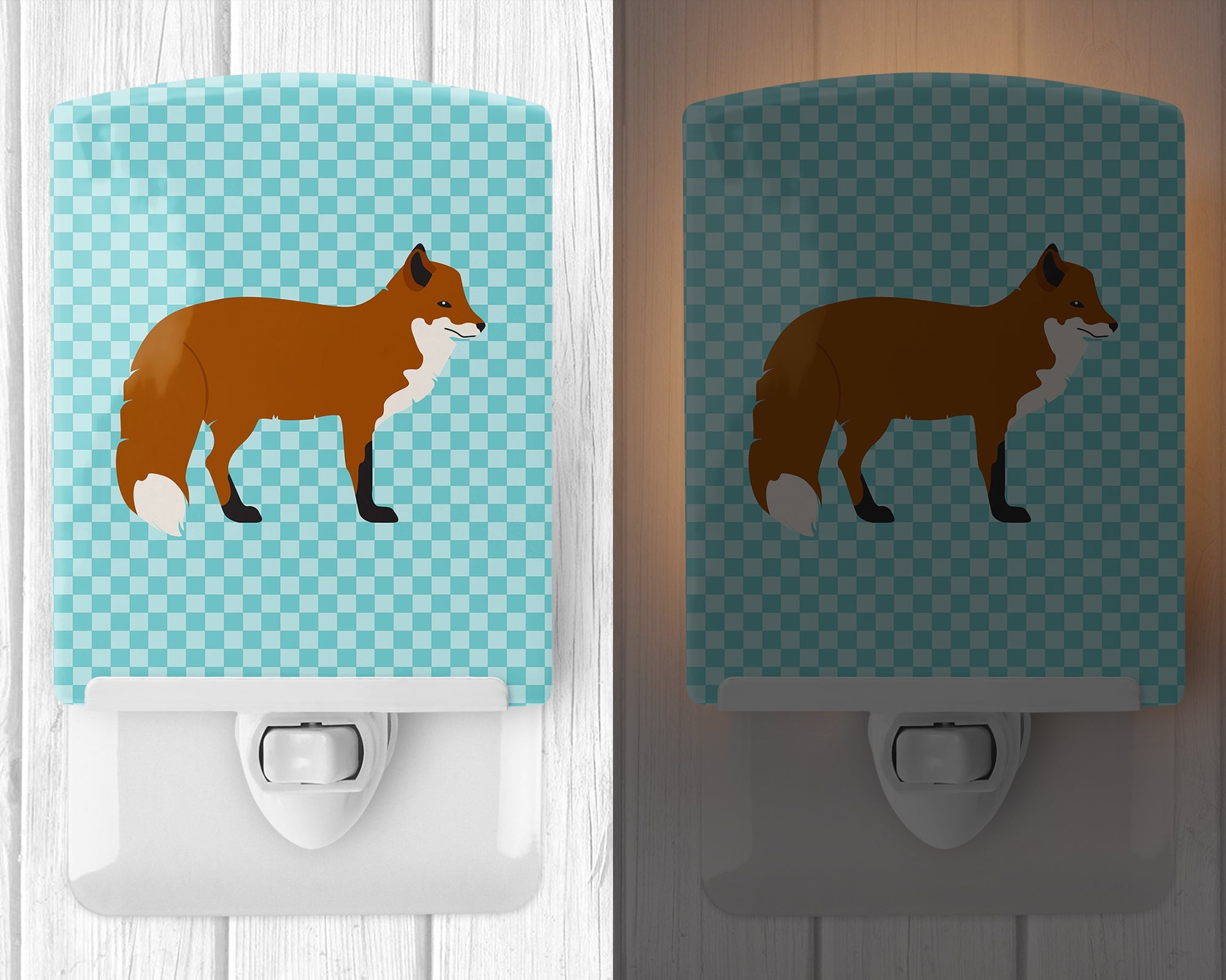 Red Fox Blue Check Ceramic Night Light Compact, UL-Certified, Ideal for Bedroom, Bathroom, Nursery, Hallway, Kitchen, 6x4x3, Multicolor
