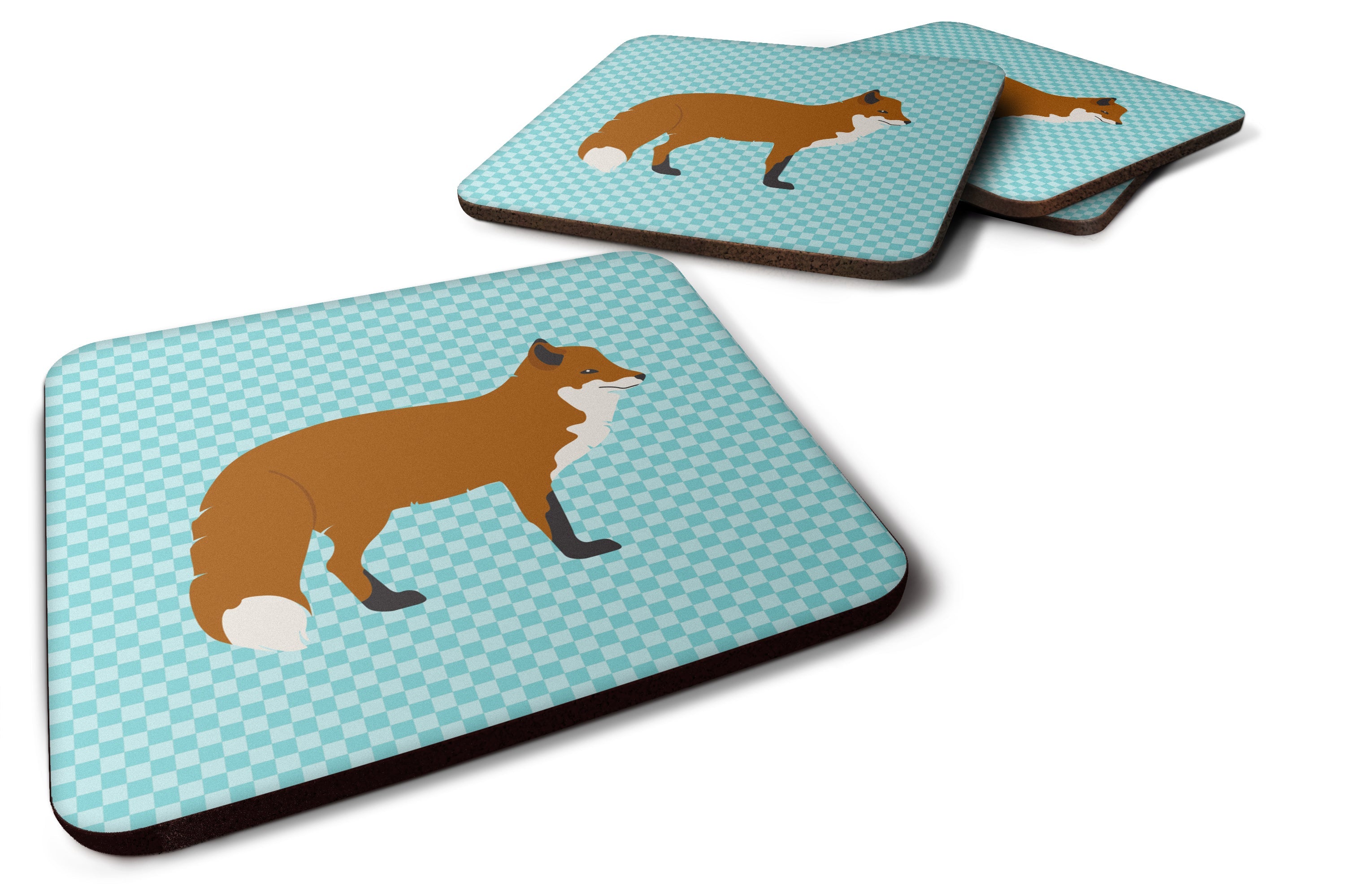 Red Fox Blue Check Foam Coasters Set of 4 Cup Coasters for Indoor Outdoor, Tabletop Protection, Anti Slip, Mouse pad Material