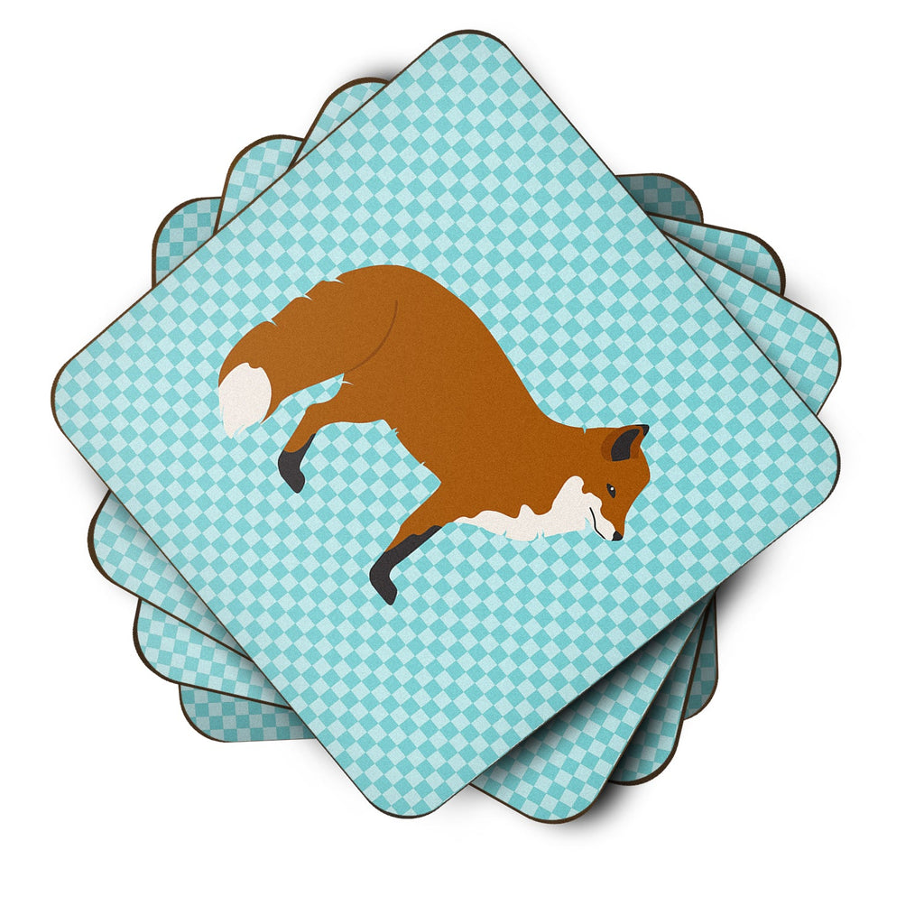 Red Fox Blue Check Foam Coasters Set of 4 Cup Coasters for Indoor Outdoor, Tabletop Protection, Anti Slip, Mouse pad Material
