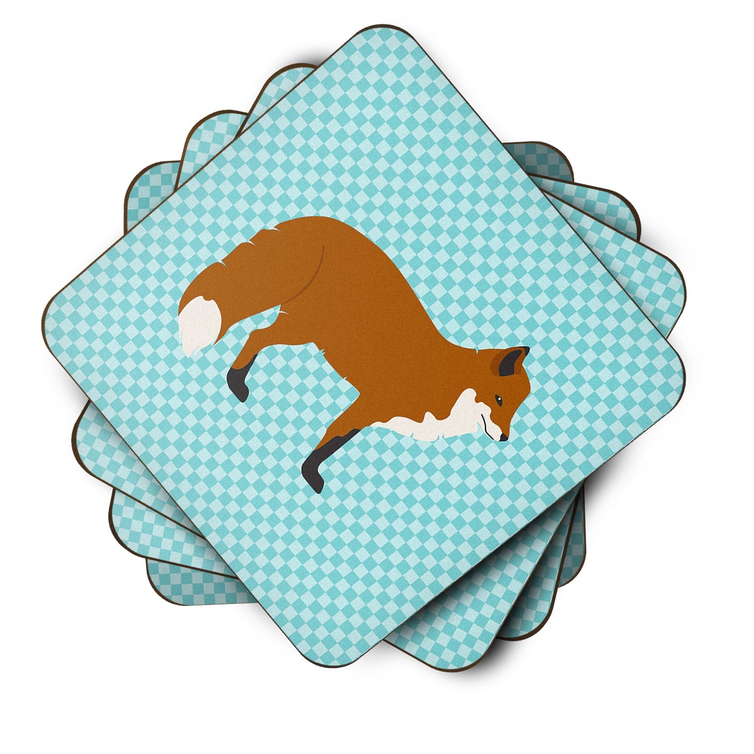 Red Fox Blue Check Foam Coasters Set of 4 Cup Coasters for Indoor Outdoor, Tabletop Protection, Anti Slip, Mouse pad Material