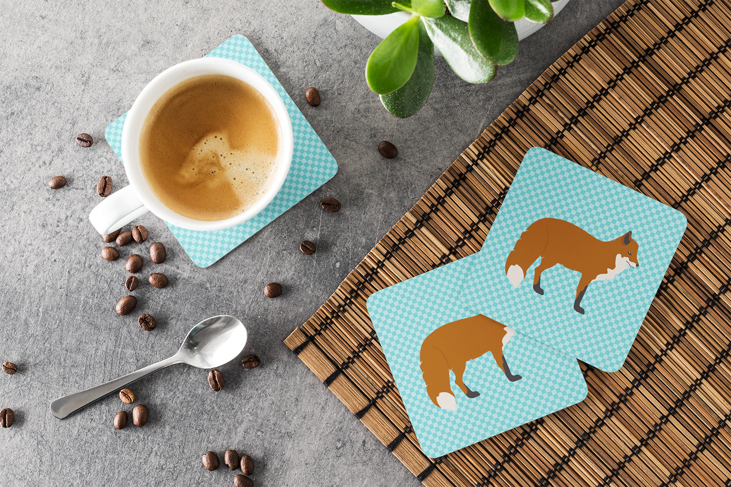 Red Fox Blue Check Foam Coasters Set of 4 Cup Coasters for Indoor Outdoor, Tabletop Protection, Anti Slip, Mouse pad Material