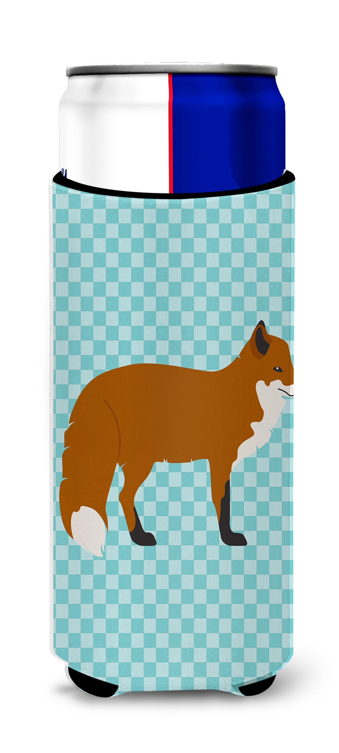 Red Fox Blue Check Slim Can Hugger , Insulated Foam Hugger for 12 oz Slim Cans, Beer Bottles & Water Bottles, Printed in USA
