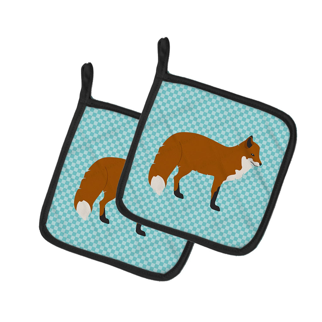 Red Fox Blue Check Pot Holder Set of 2 Heat Resistant Quilted Hot Pads 7.5 x 7.5 Inch, Insulated Kitchen Trivets for Cooking & Baking