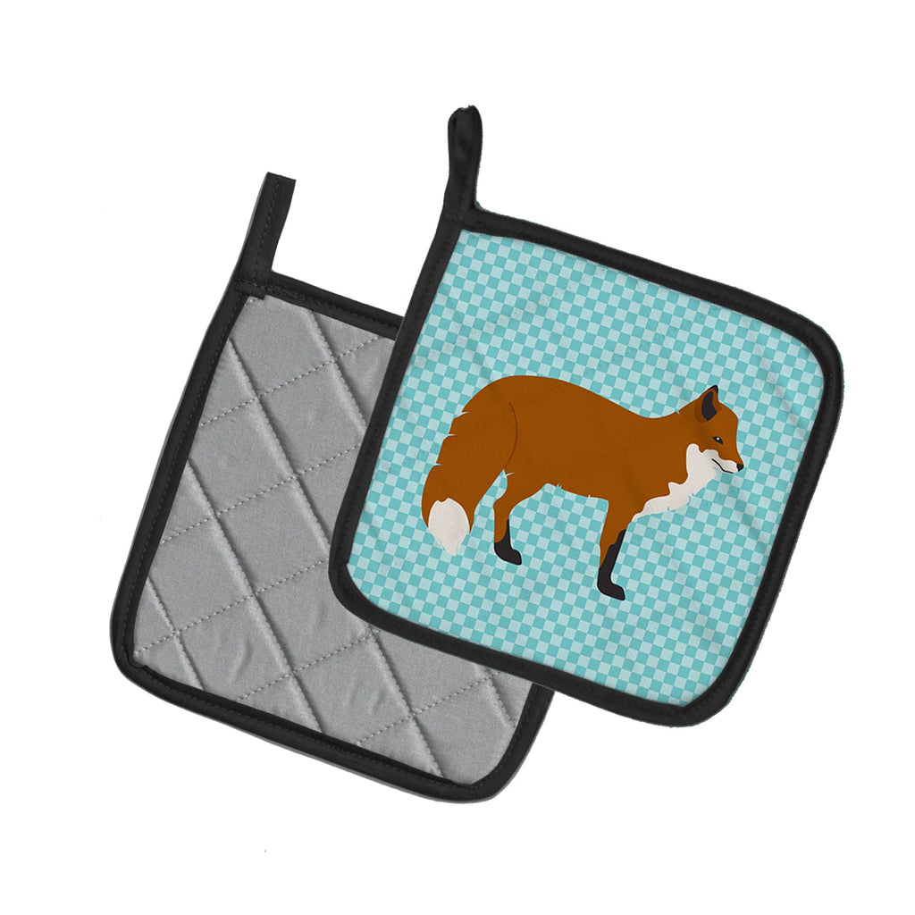 Red Fox Blue Check Pot Holder Set of 2 Heat Resistant Quilted Hot Pads 7.5 x 7.5 Inch, Insulated Kitchen Trivets for Cooking & Baking