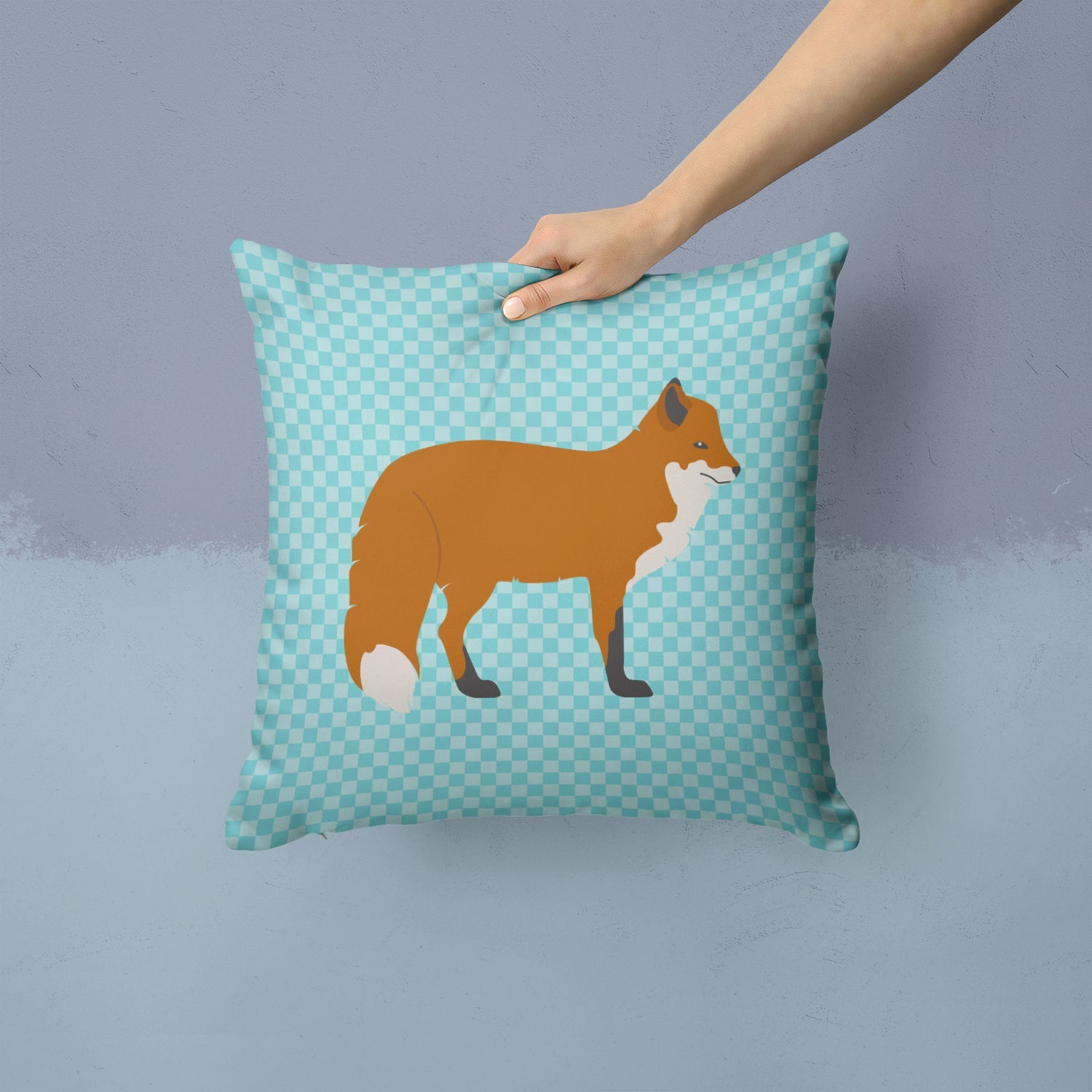 Red Fox Blue Check Decorative Throw Pillow 14x14 Indoor Outdoor Accent Cushion, Fabric Cover with Insert for Sofa, Bed, Porch & Living Room