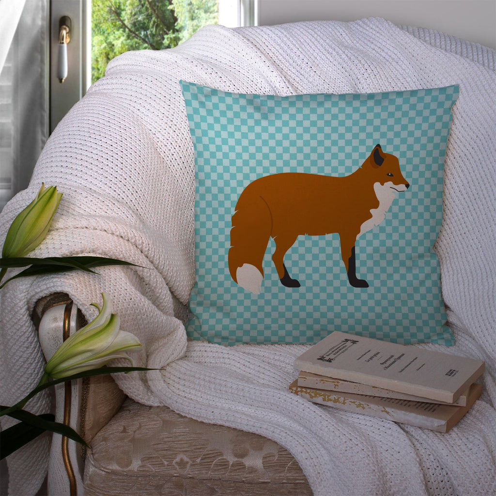 Red Fox Blue Check Decorative Throw Pillow 14x14 Indoor Outdoor Accent Cushion, Fabric Cover with Insert for Sofa, Bed, Porch & Living Room