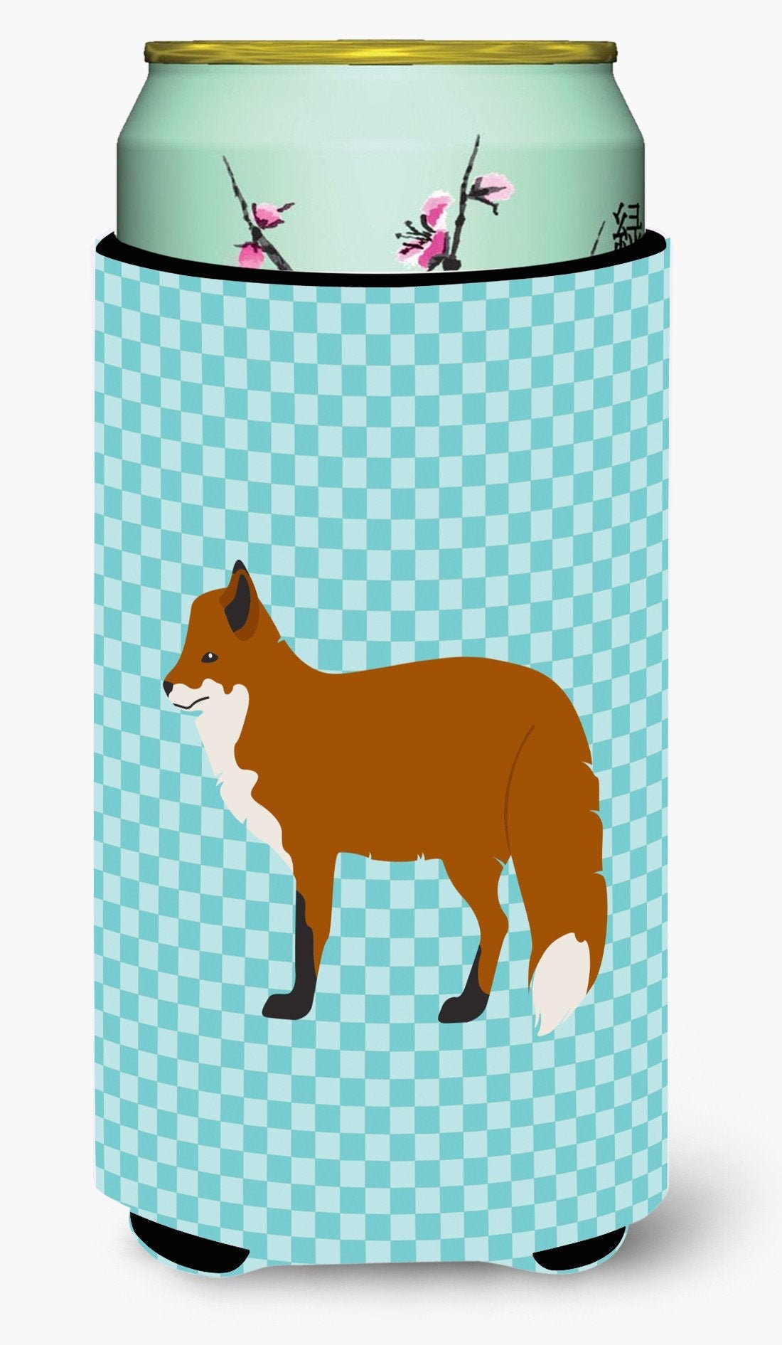 Red Fox Blue Check Tall Boy Hugger Can Cooler Sleeve Machine Washable Drink Collapsible Insulator Beverage Insulated Holder