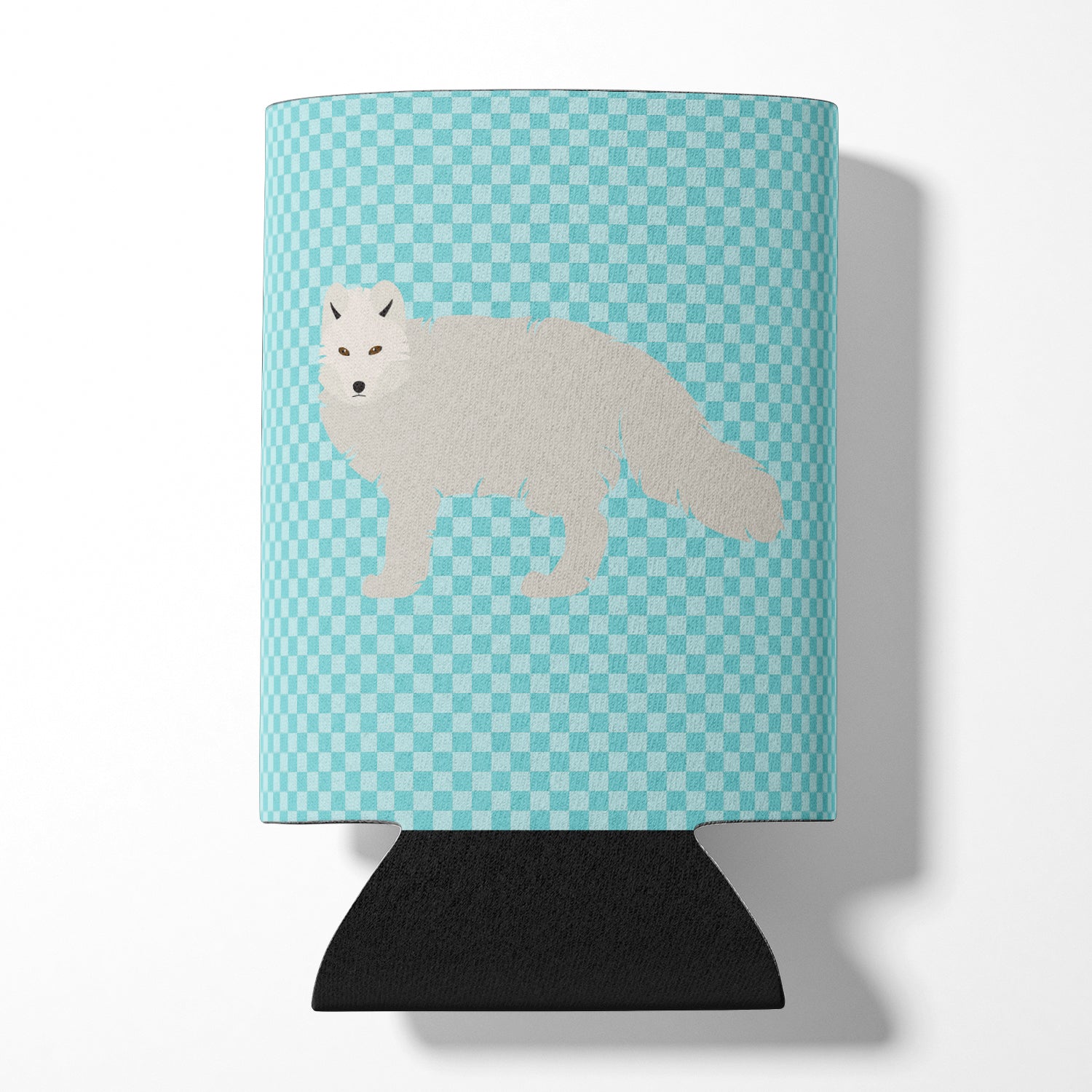 White Arctic Fox Blue Check Can or Bottle Hugger Cooler Sleeve for Standard 12 oz Cans, Insulated Foam Beer & Soda Can Hugger Reusable