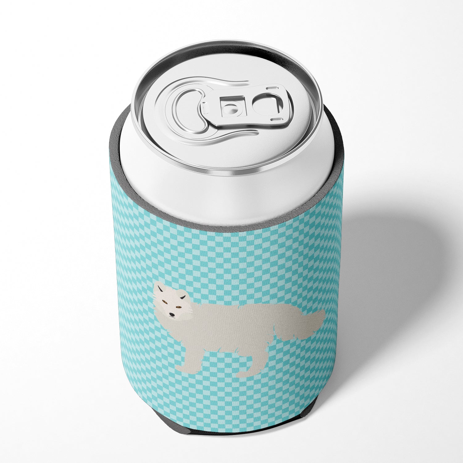 White Arctic Fox Blue Check Can or Bottle Hugger Cooler Sleeve for Standard 12 oz Cans, Insulated Foam Beer & Soda Can Hugger Reusable