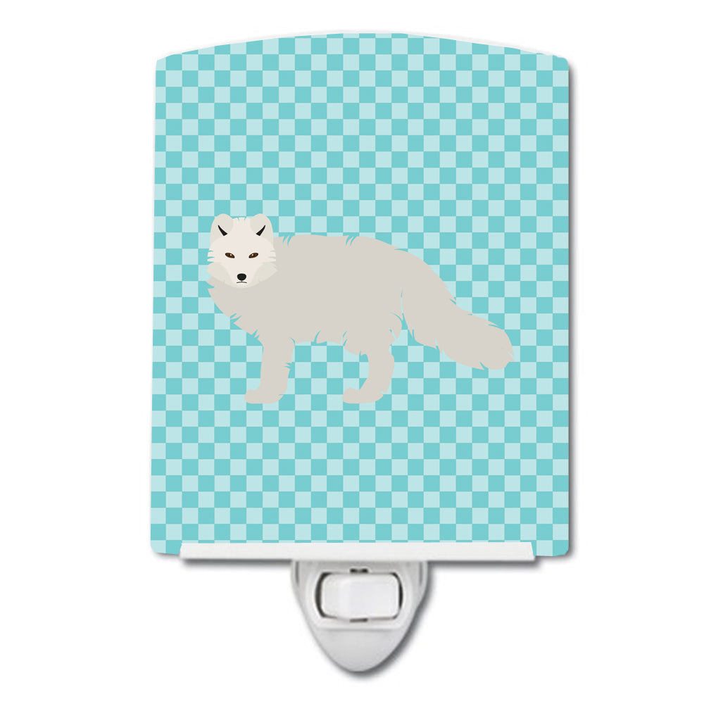 White Arctic Fox Blue Check Ceramic Night Light Compact, UL-Certified, Ideal for Bedroom, Bathroom, Nursery, Hallway, Kitchen, 6x4x3, Multicolor