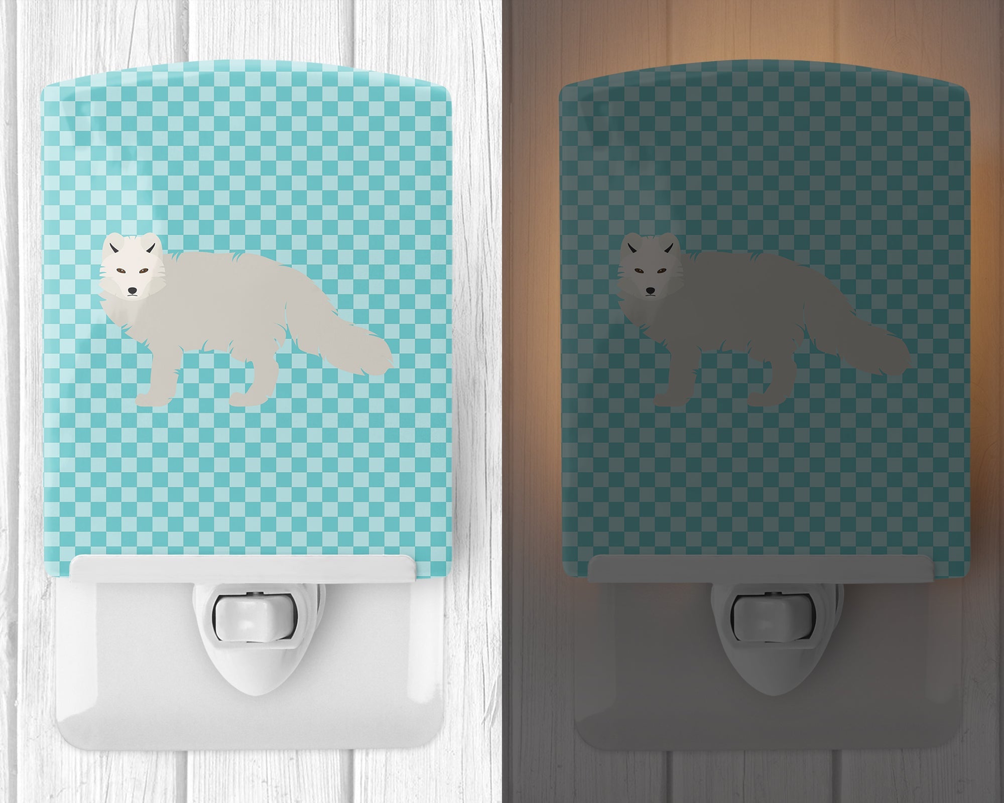 White Arctic Fox Blue Check Ceramic Night Light Compact, UL-Certified, Ideal for Bedroom, Bathroom, Nursery, Hallway, Kitchen, 6x4x3, Multicolor