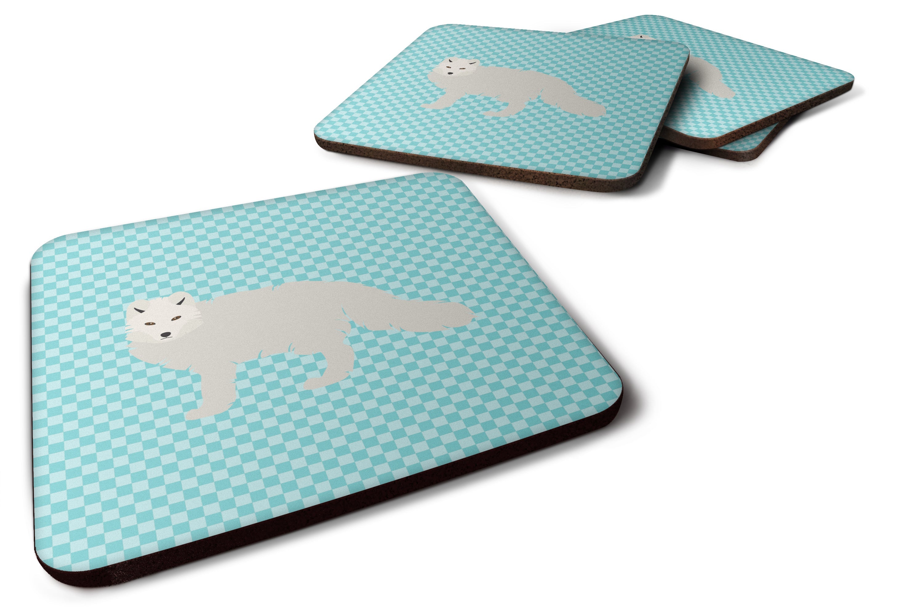 White Arctic Fox Blue Check Foam Coasters Set of 4 Cup Coasters for Indoor Outdoor, Tabletop Protection, Anti Slip, Mouse pad Material