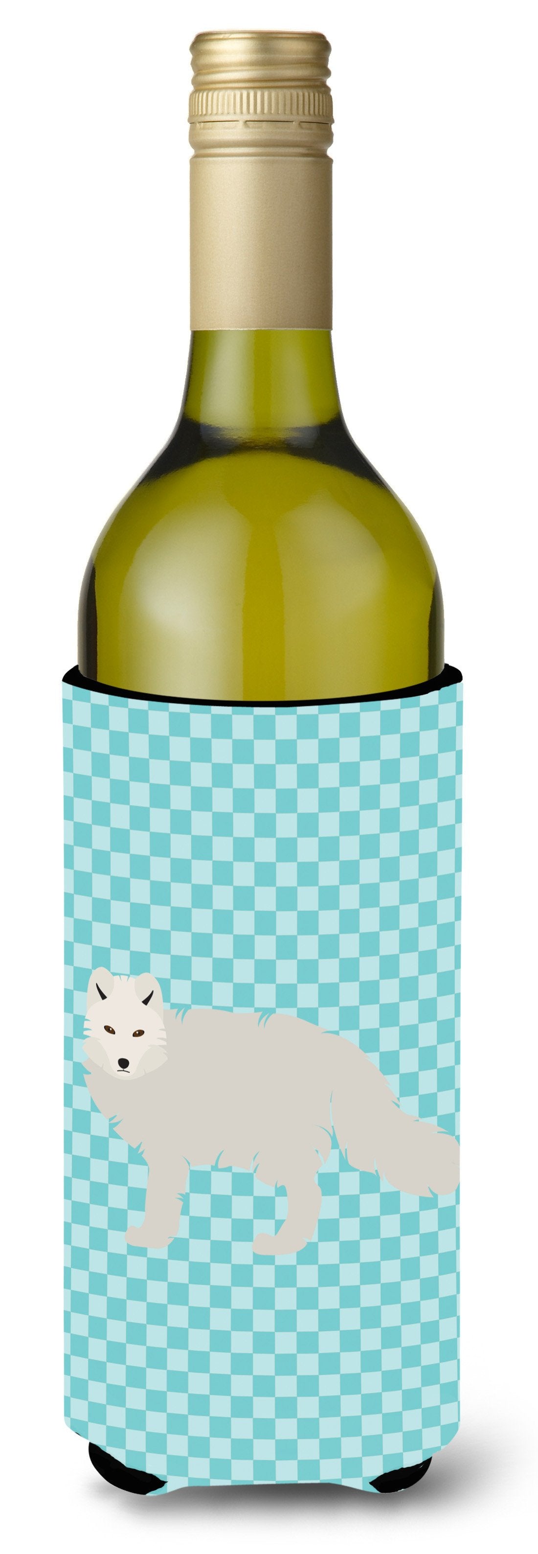 White Arctic Fox Blue Check Wine Bottle Hugger Gift Sleeve for Standard 750 ml Bottles, Insulated Reusable Also Fits Mini Shot & Pint Bottles