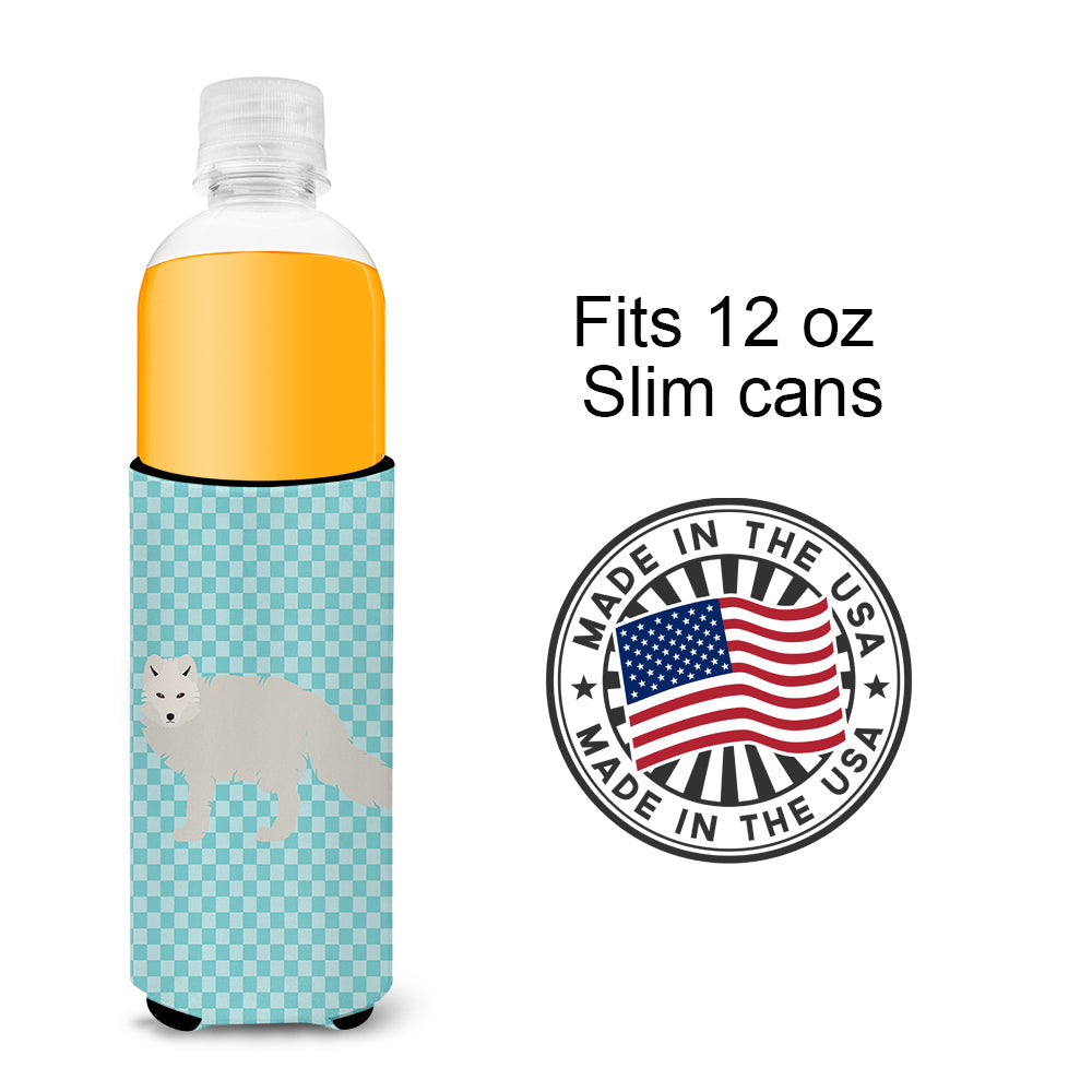 White Arctic Fox Blue Check Slim Can Hugger , Insulated Foam Hugger for 12 oz Slim Cans, Beer Bottles & Water Bottles, Printed in USA