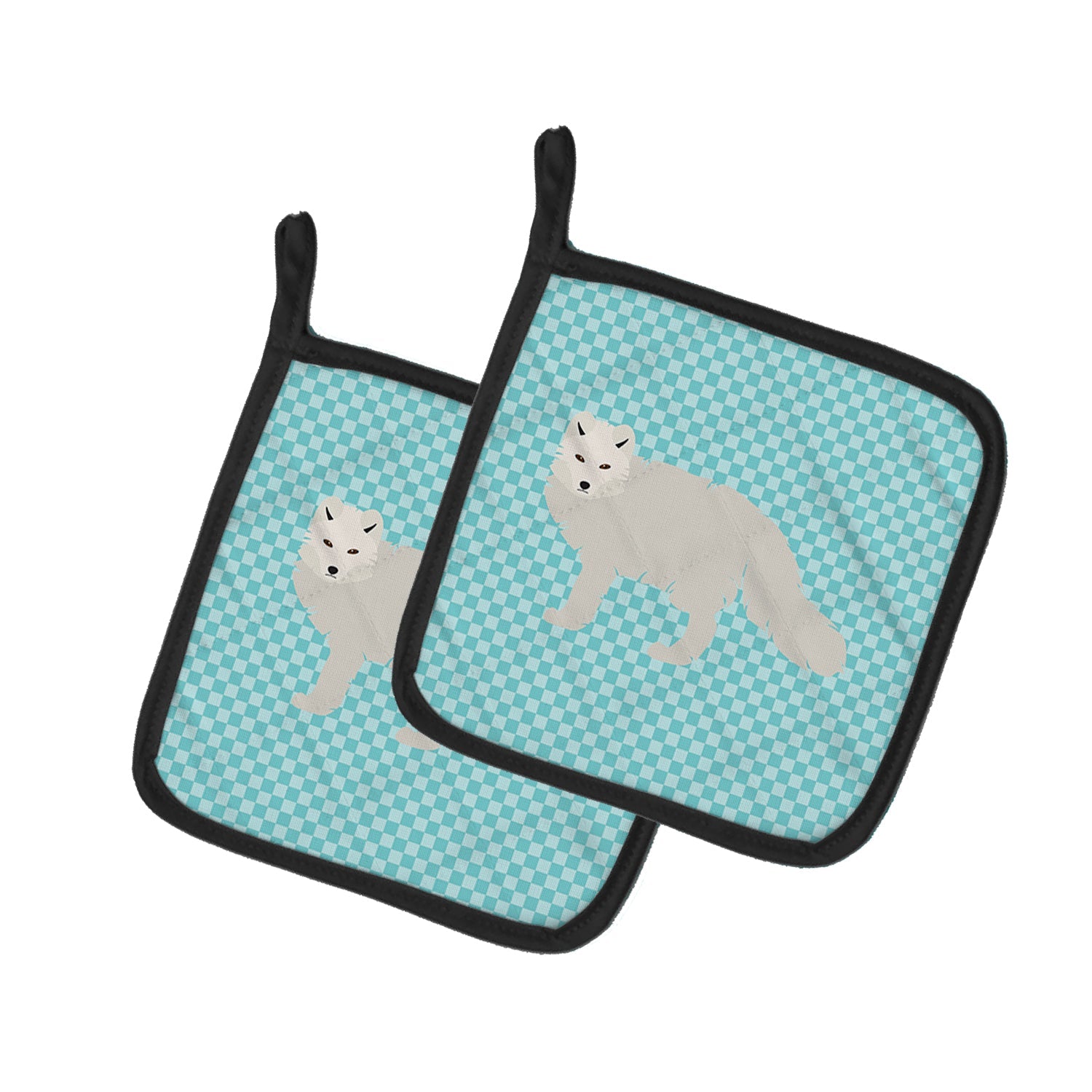 White Arctic Fox Blue Check Pot Holder Set of 2 Heat Resistant Quilted Hot Pads 7.5 x 7.5 Inch, Insulated Kitchen Trivets for Cooking & Baking