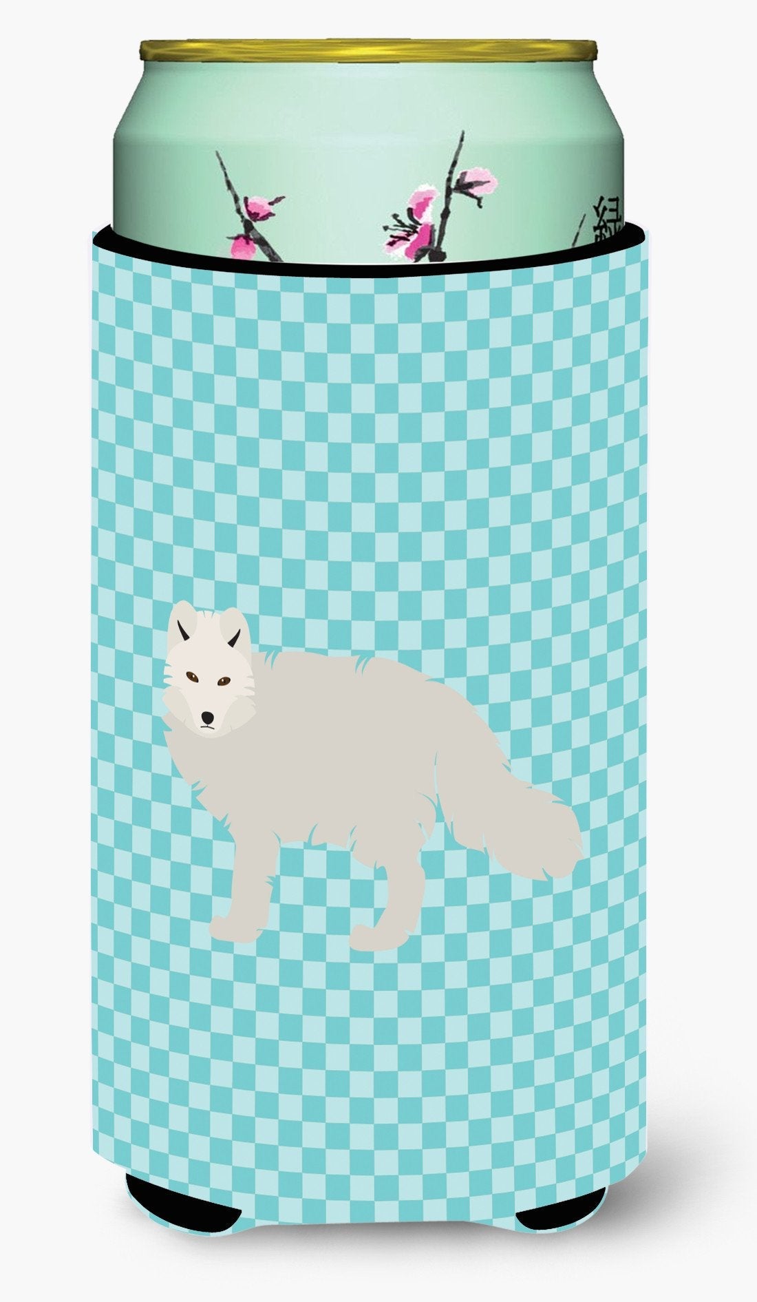 White Arctic Fox Blue Check Tall Boy Hugger Can Cooler Sleeve Machine Washable Drink Collapsible Insulator Beverage Insulated Holder