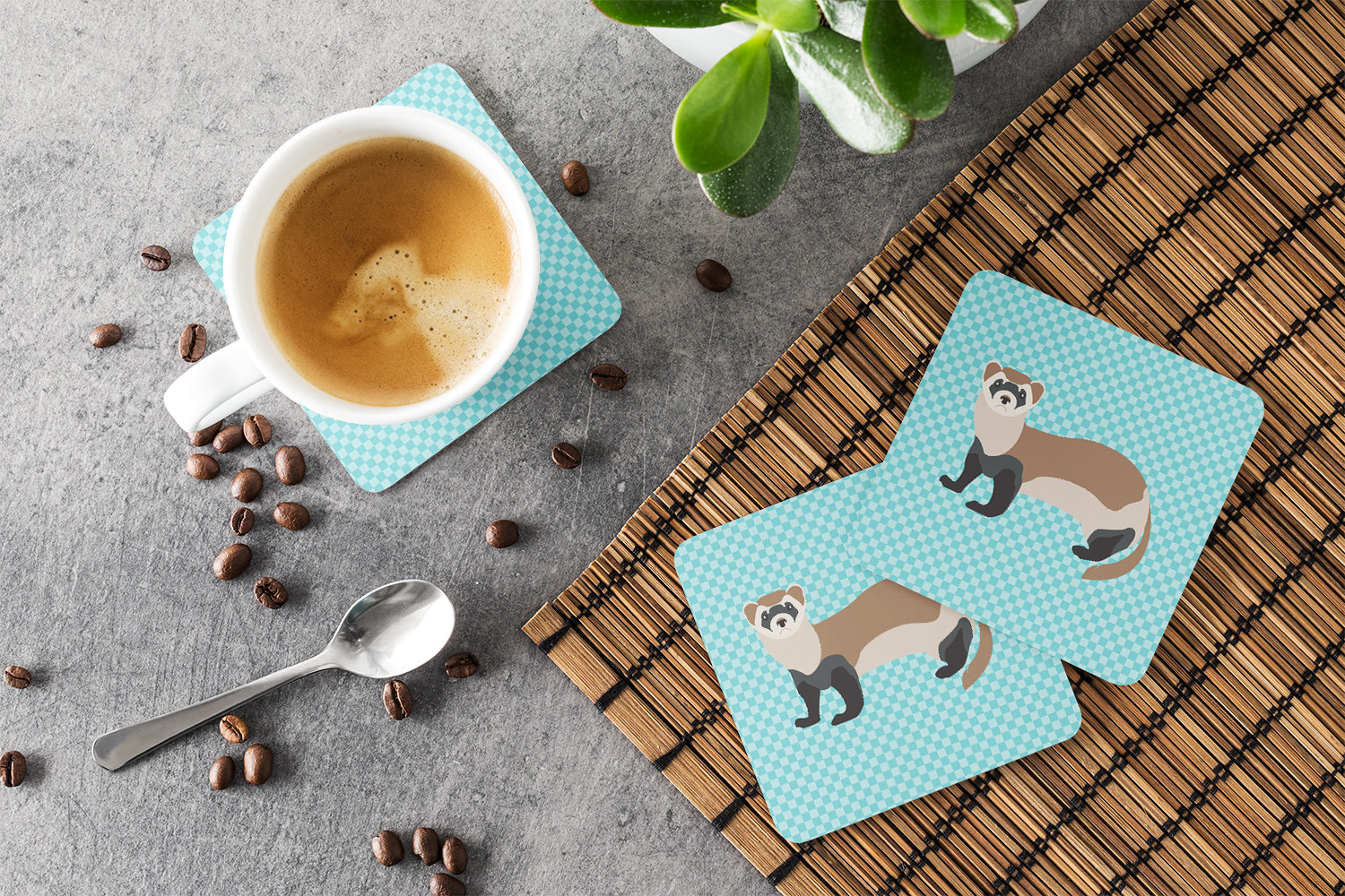 Ferret Blue Check Foam Coasters Set of 4 Cup Coasters for Indoor Outdoor, Tabletop Protection, Anti Slip, Mouse pad Material