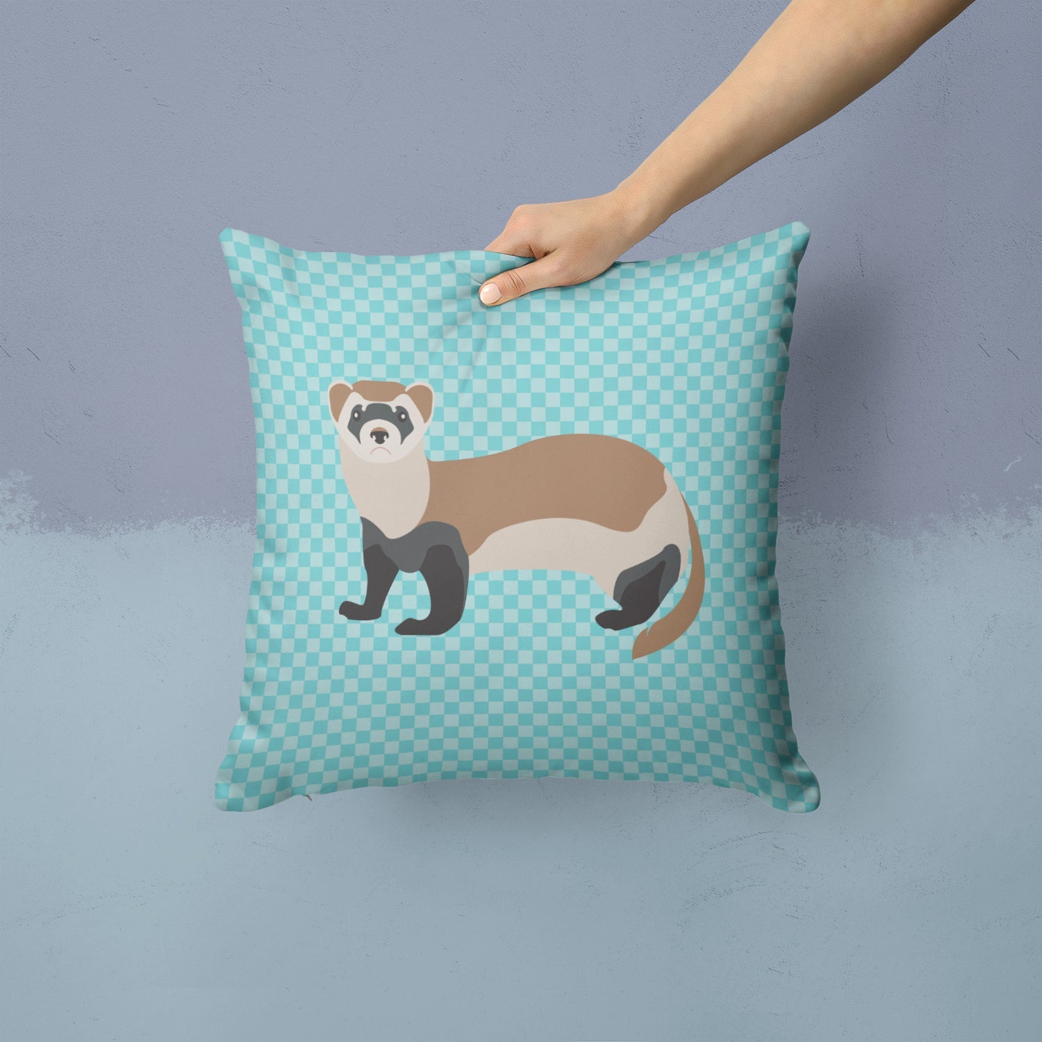 Ferret Blue Check Decorative Throw Pillow 14x14 Indoor Outdoor Accent Cushion, Fabric Cover with Insert for Sofa, Bed, Porch & Living Room