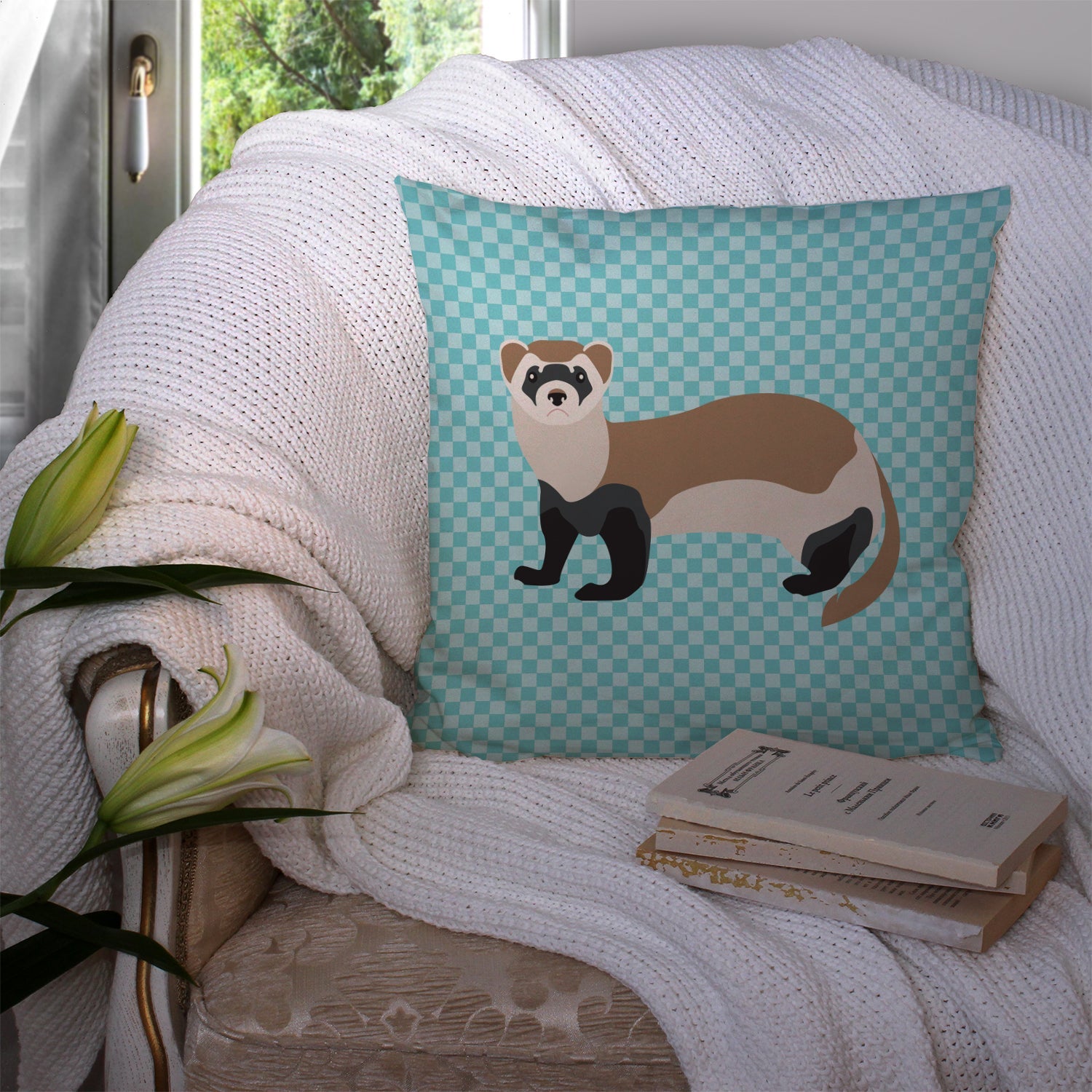 Ferret Blue Check Decorative Throw Pillow 14x14 Indoor Outdoor Accent Cushion, Fabric Cover with Insert for Sofa, Bed, Porch & Living Room