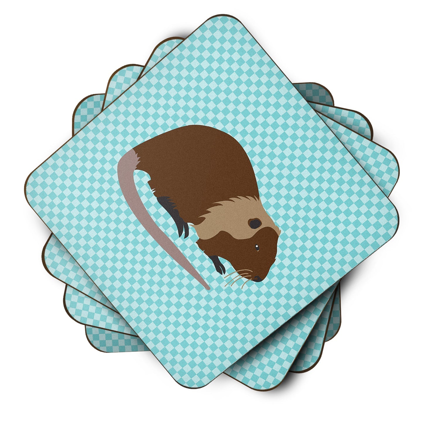 Coypu Nutria River Rat Blue Check Foam Coasters Set of 4 Cup Coasters for Indoor Outdoor, Tabletop Protection, Anti Slip, Mouse pad Material