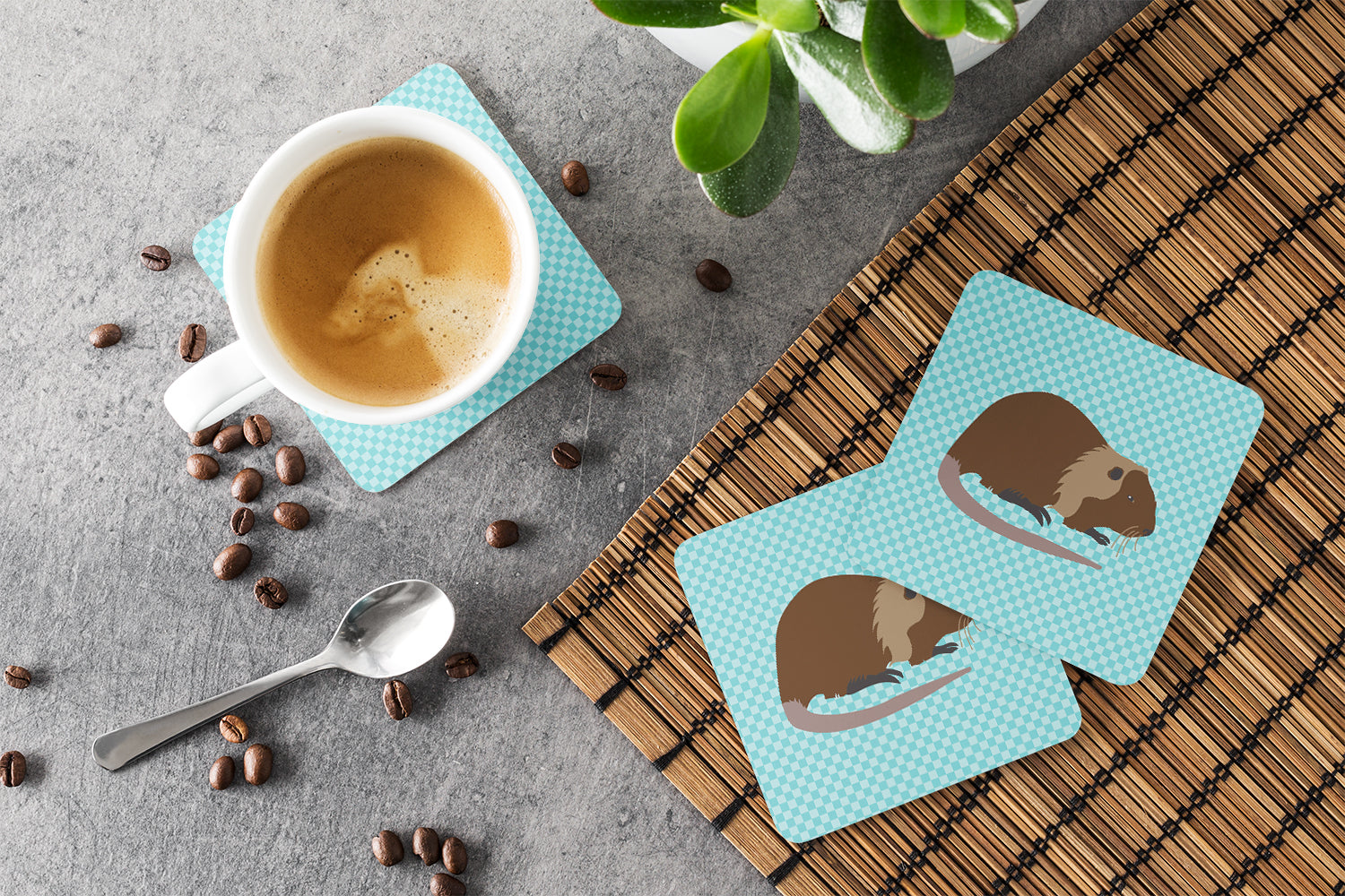 Coypu Nutria River Rat Blue Check Foam Coasters Set of 4 Cup Coasters for Indoor Outdoor, Tabletop Protection, Anti Slip, Mouse pad Material