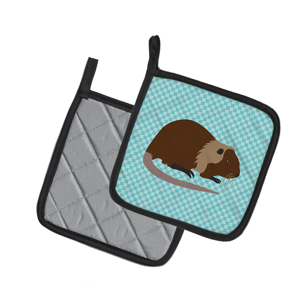 Coypu Nutria River Rat Blue Check Pot Holder Set of 2 Heat Resistant Quilted Hot Pads 7.5 x 7.5 Inch, Insulated Kitchen Trivets for Cooking & Baking