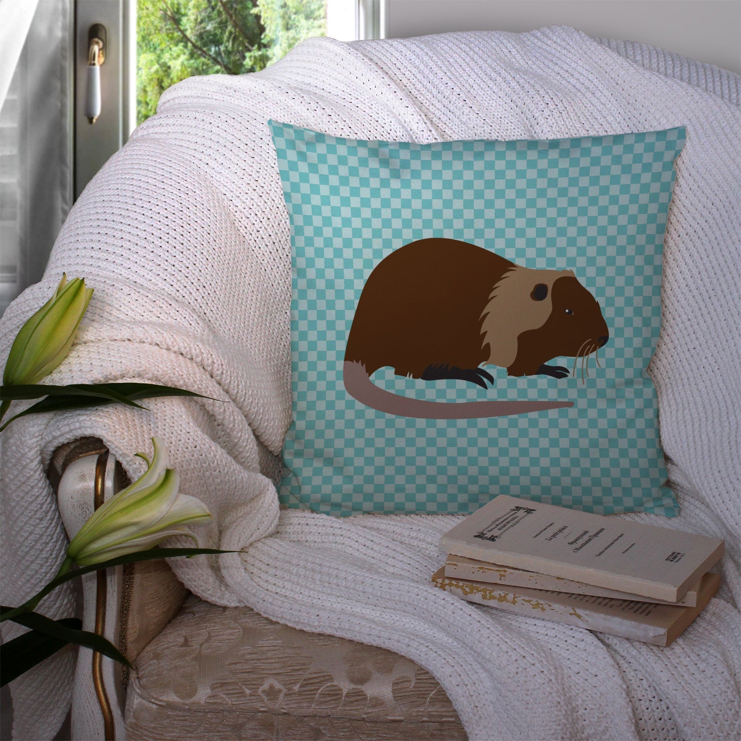 Coypu Nutria River Rat Blue Check Decorative Throw Pillow 14x14 Indoor Outdoor Accent Cushion, Fabric Cover with Insert for Sofa, Bed, Porch & Living Room