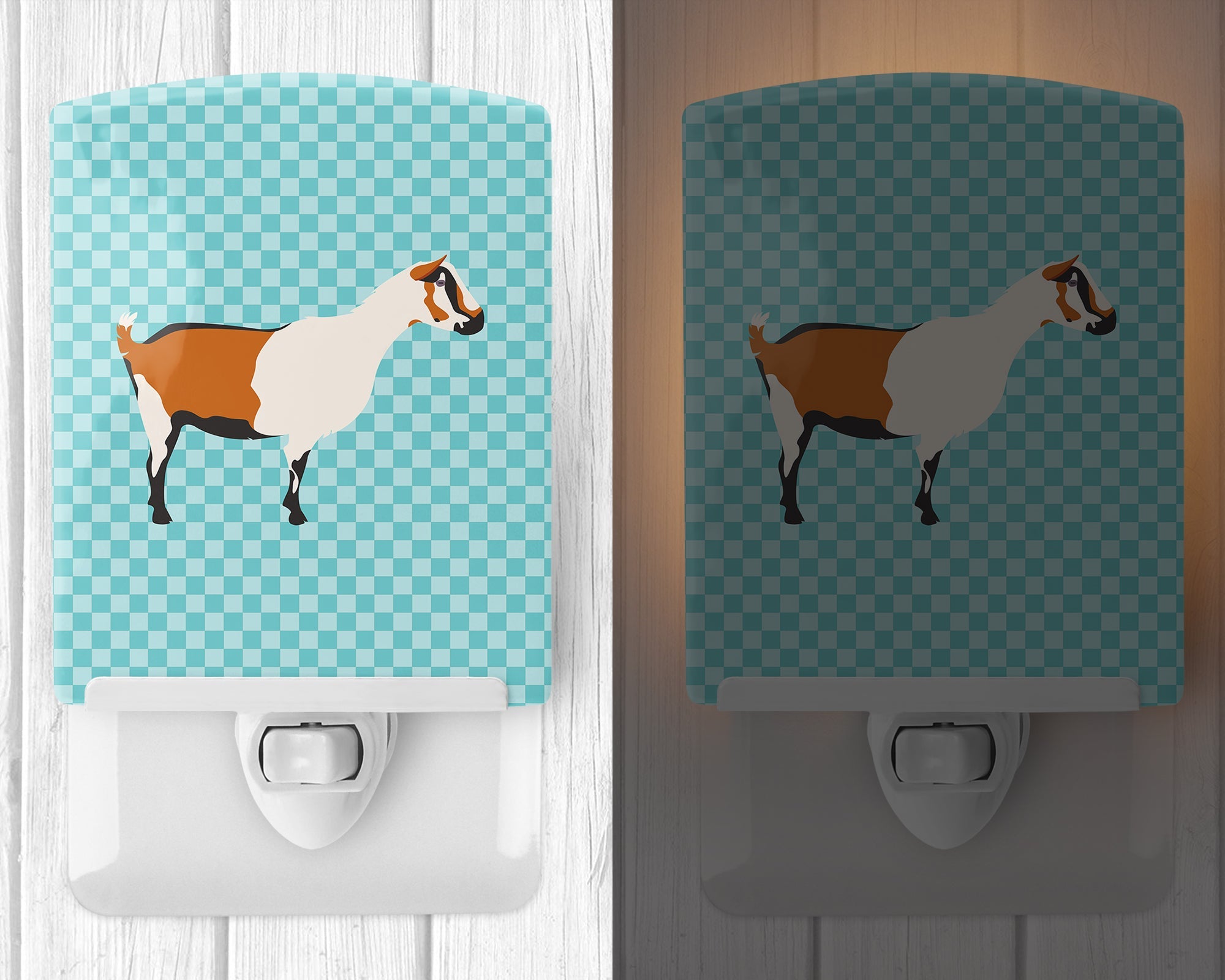 Alpine Goat Blue Check Ceramic Night Light Compact, UL-Certified, Ideal for Bedroom, Bathroom, Nursery, Hallway, Kitchen, 6x4x3, Multicolor