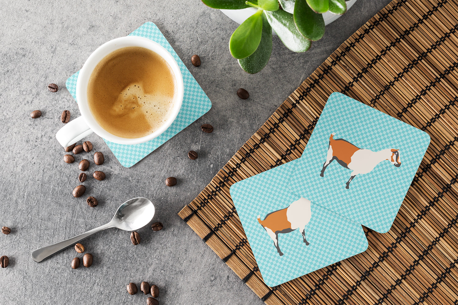 Alpine Goat Blue Check Foam Coasters Set of 4 Cup Coasters for Indoor Outdoor, Tabletop Protection, Anti Slip, Mouse pad Material