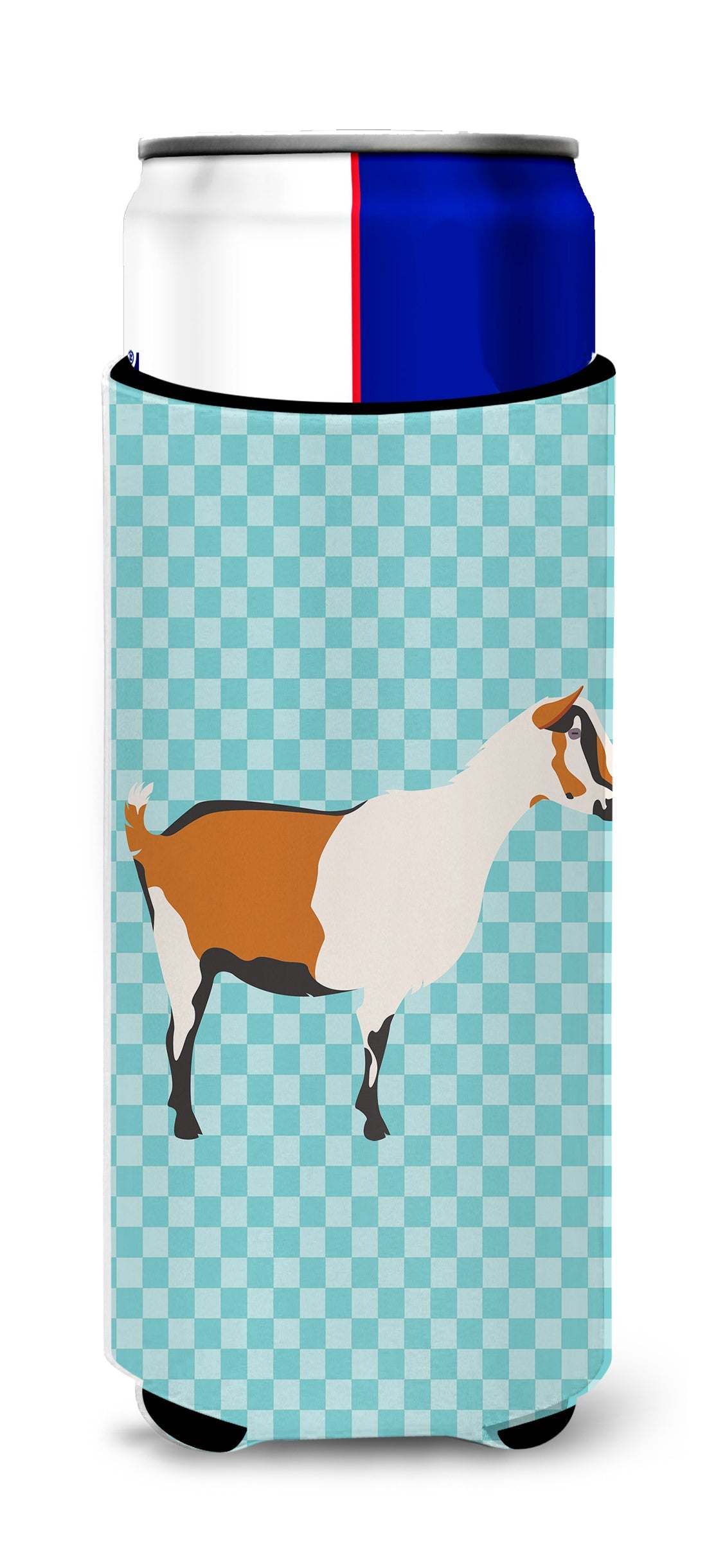 Alpine Goat Blue Check Slim Can Hugger , Insulated Foam Hugger for 12 oz Slim Cans, Beer Bottles & Water Bottles, Printed in USA