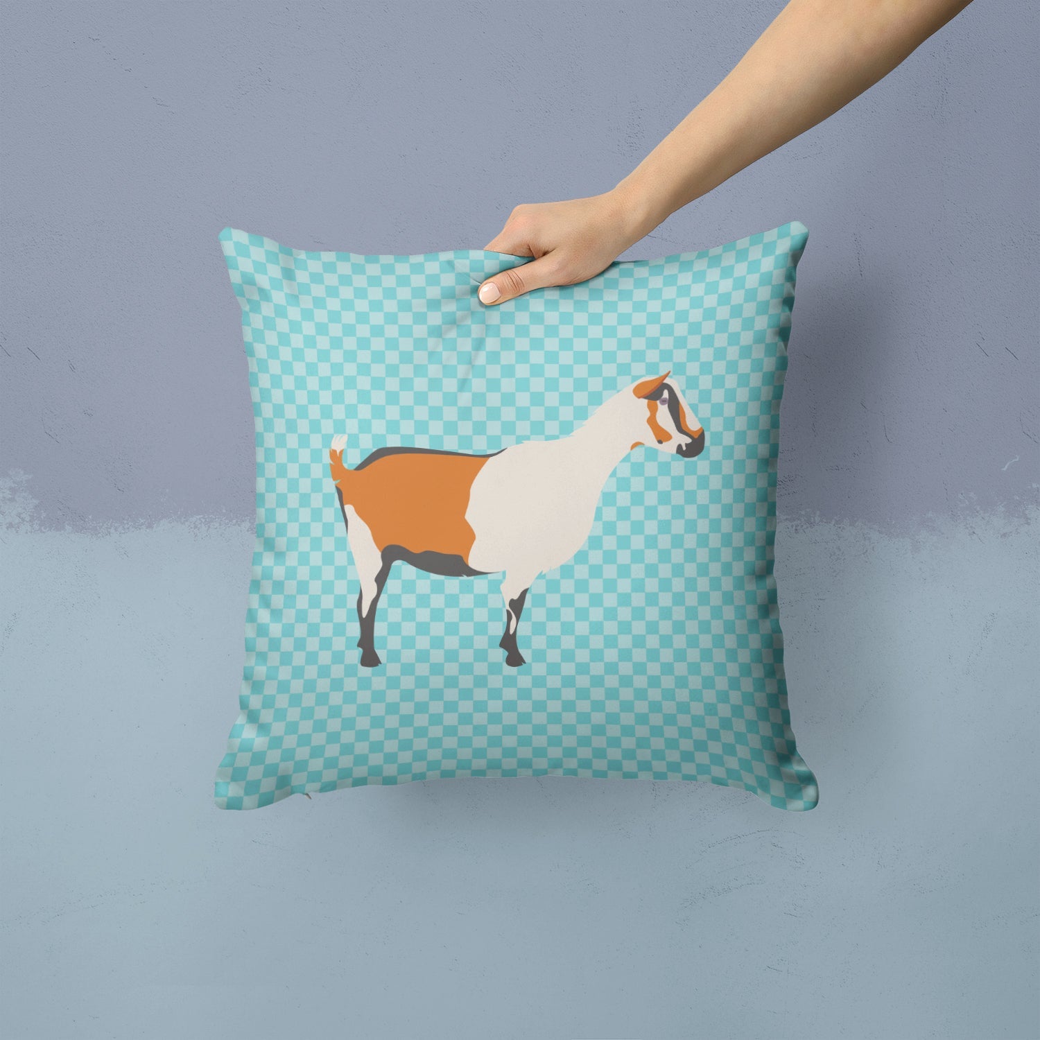Alpine Goat Blue Check Decorative Throw Pillow 14x14 Indoor Outdoor Accent Cushion, Fabric Cover with Insert for Sofa, Bed, Porch & Living Room