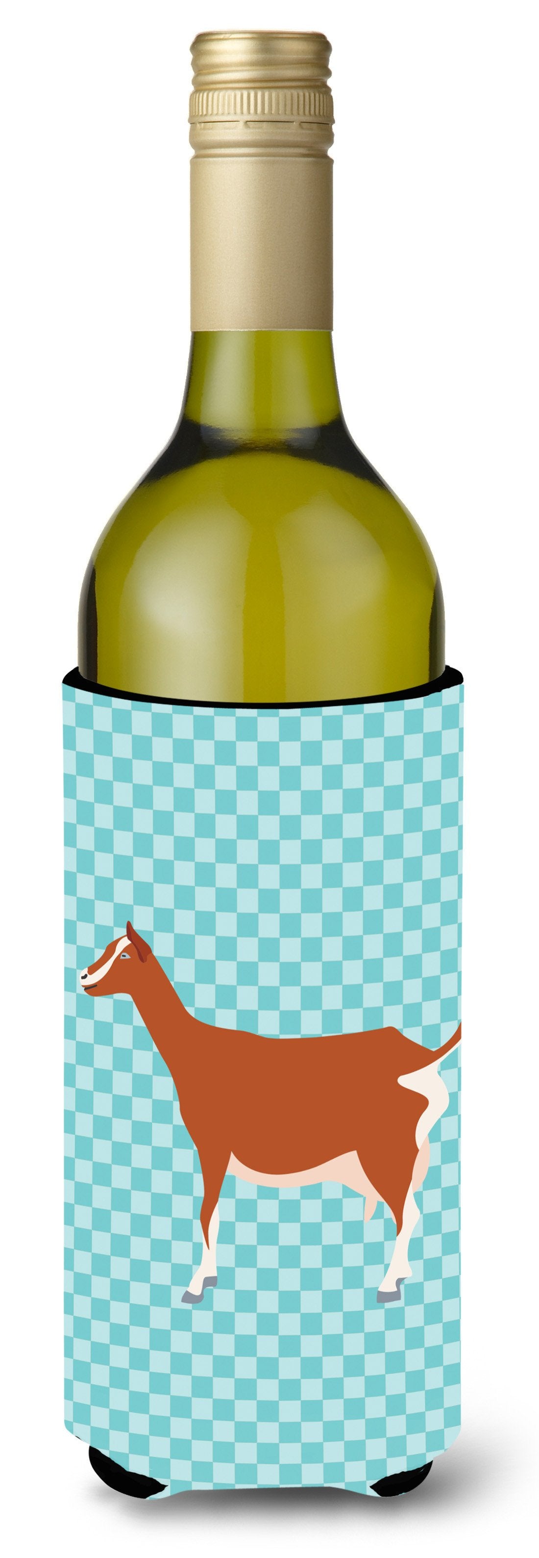Toggenburger Goat Blue Check Wine Bottle Hugger Gift Sleeve for Standard 750 ml Bottles, Insulated Reusable Also Fits Mini Shot & Pint Bottles