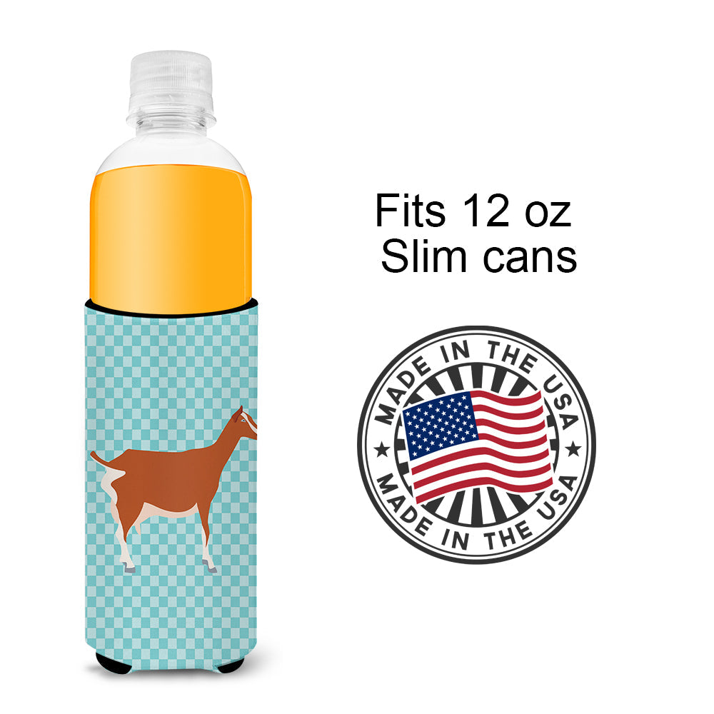 Toggenburger Goat Blue Check Slim Can Hugger , Insulated Foam Hugger for 12 oz Slim Cans, Beer Bottles & Water Bottles, Printed in USA