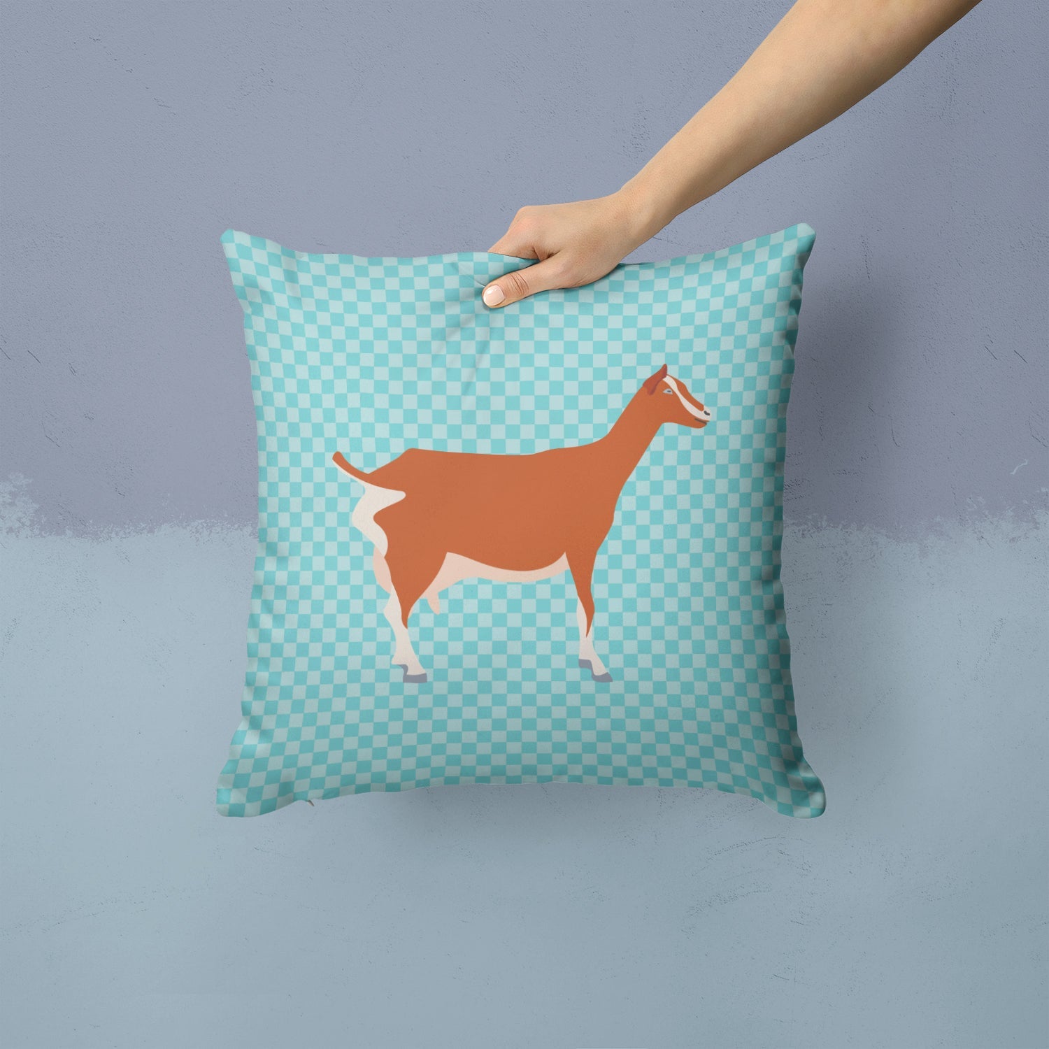 Toggenburger Goat Blue Check Decorative Throw Pillow 14x14 Indoor Outdoor Accent Cushion, Fabric Cover with Insert for Sofa, Bed, Porch & Living Room