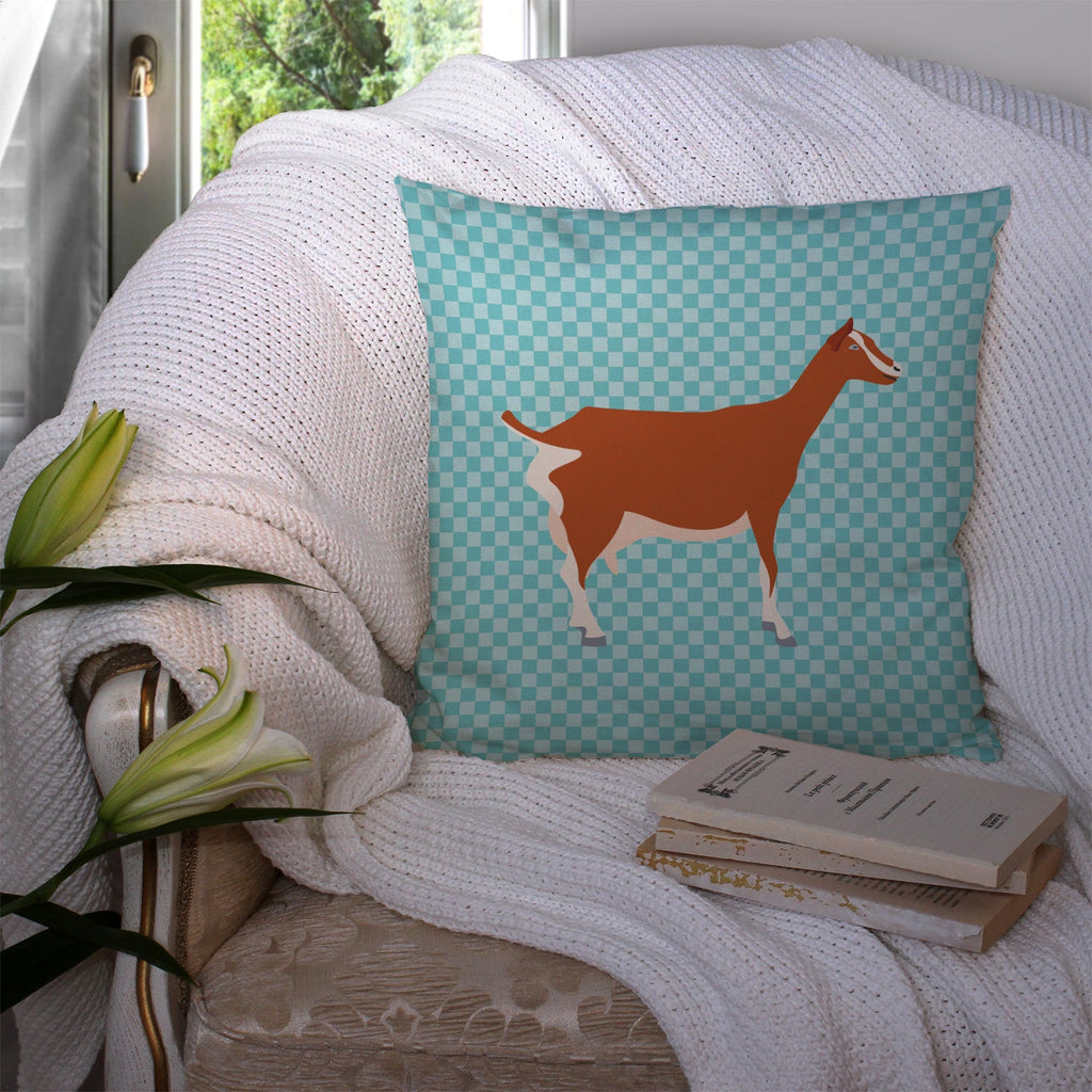 Toggenburger Goat Blue Check Decorative Throw Pillow 14x14 Indoor Outdoor Accent Cushion, Fabric Cover with Insert for Sofa, Bed, Porch & Living Room
