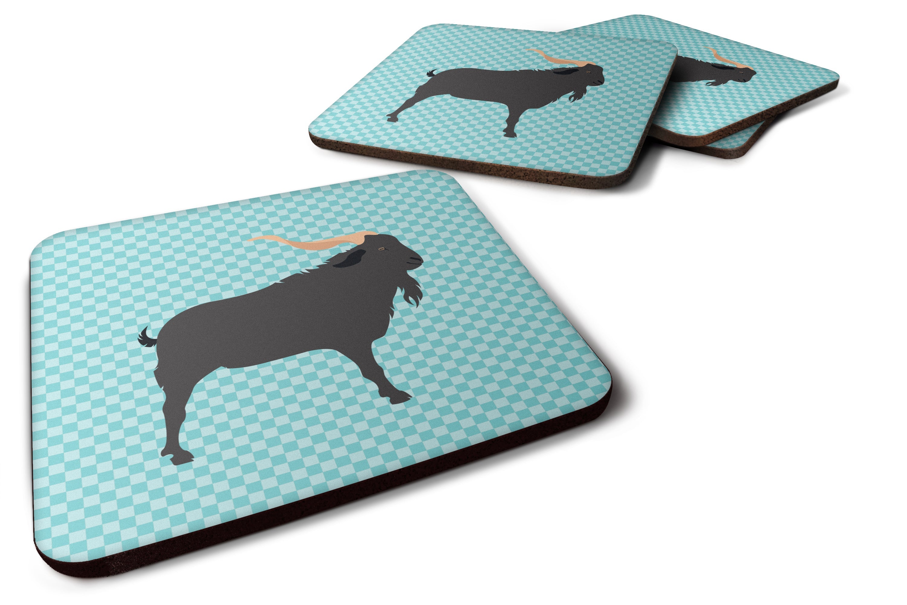 Verata Goat Blue Check Foam Coasters Set of 4 Cup Coasters for Indoor Outdoor, Tabletop Protection, Anti Slip, Mouse pad Material
