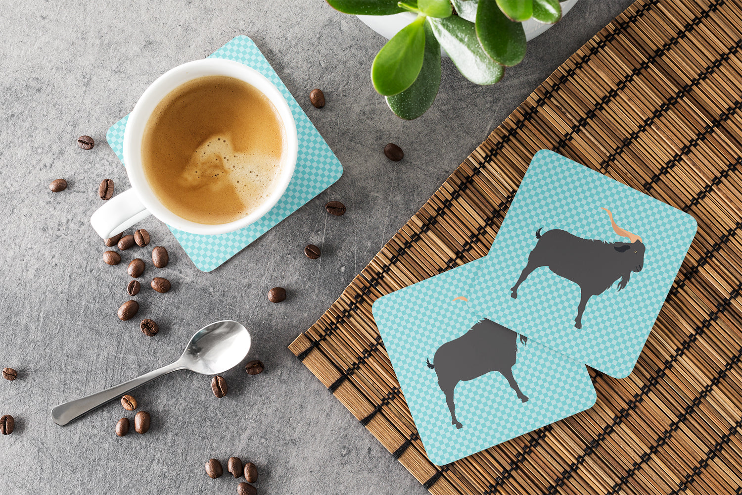 Verata Goat Blue Check Foam Coasters Set of 4 Cup Coasters for Indoor Outdoor, Tabletop Protection, Anti Slip, Mouse pad Material