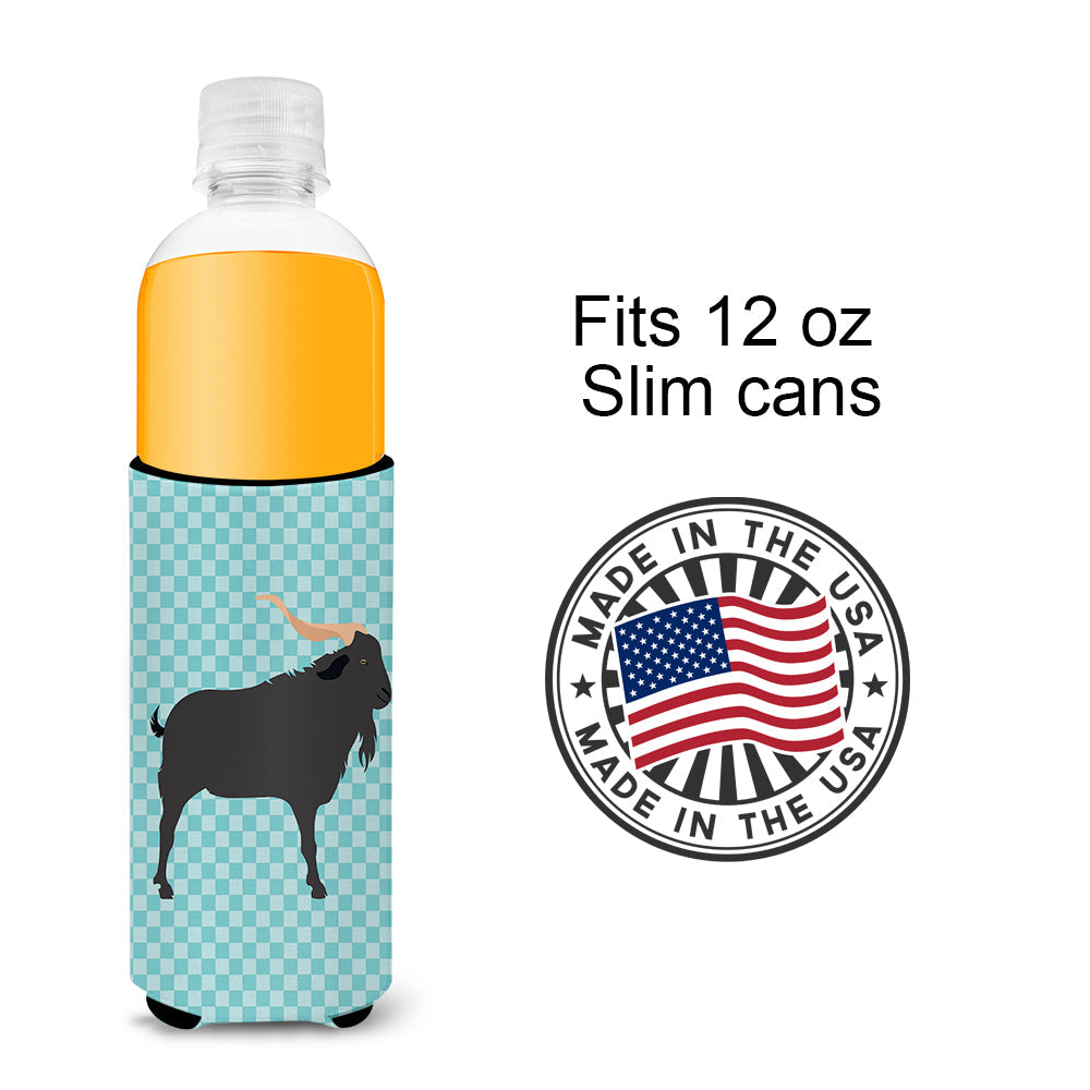 Verata Goat Blue Check Slim Can Hugger , Insulated Foam Hugger for 12 oz Slim Cans, Beer Bottles & Water Bottles, Printed in USA