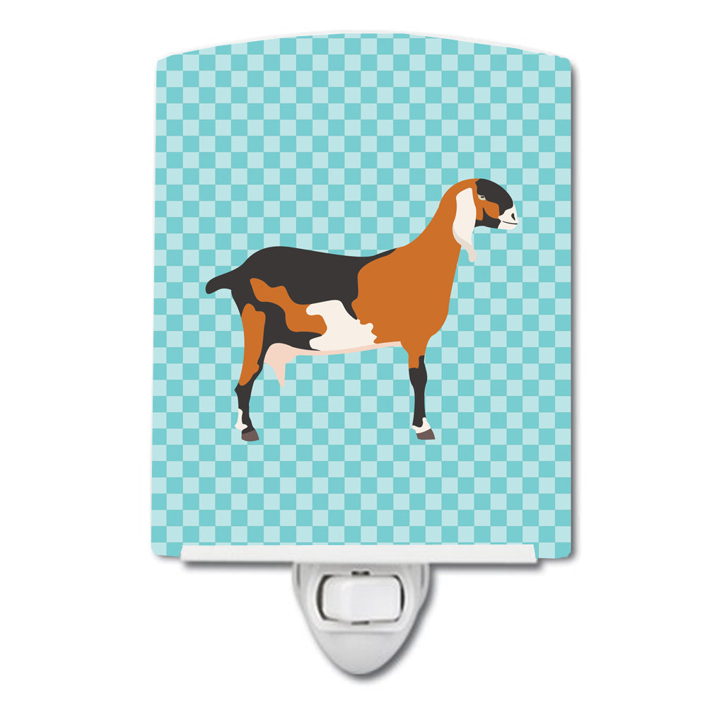 Anglo-nubian Nubian Goat Blue Check Ceramic Night Light Compact, UL-Certified, Ideal for Bedroom, Bathroom, Nursery, Hallway, Kitchen, 6x4x3, Multicolor