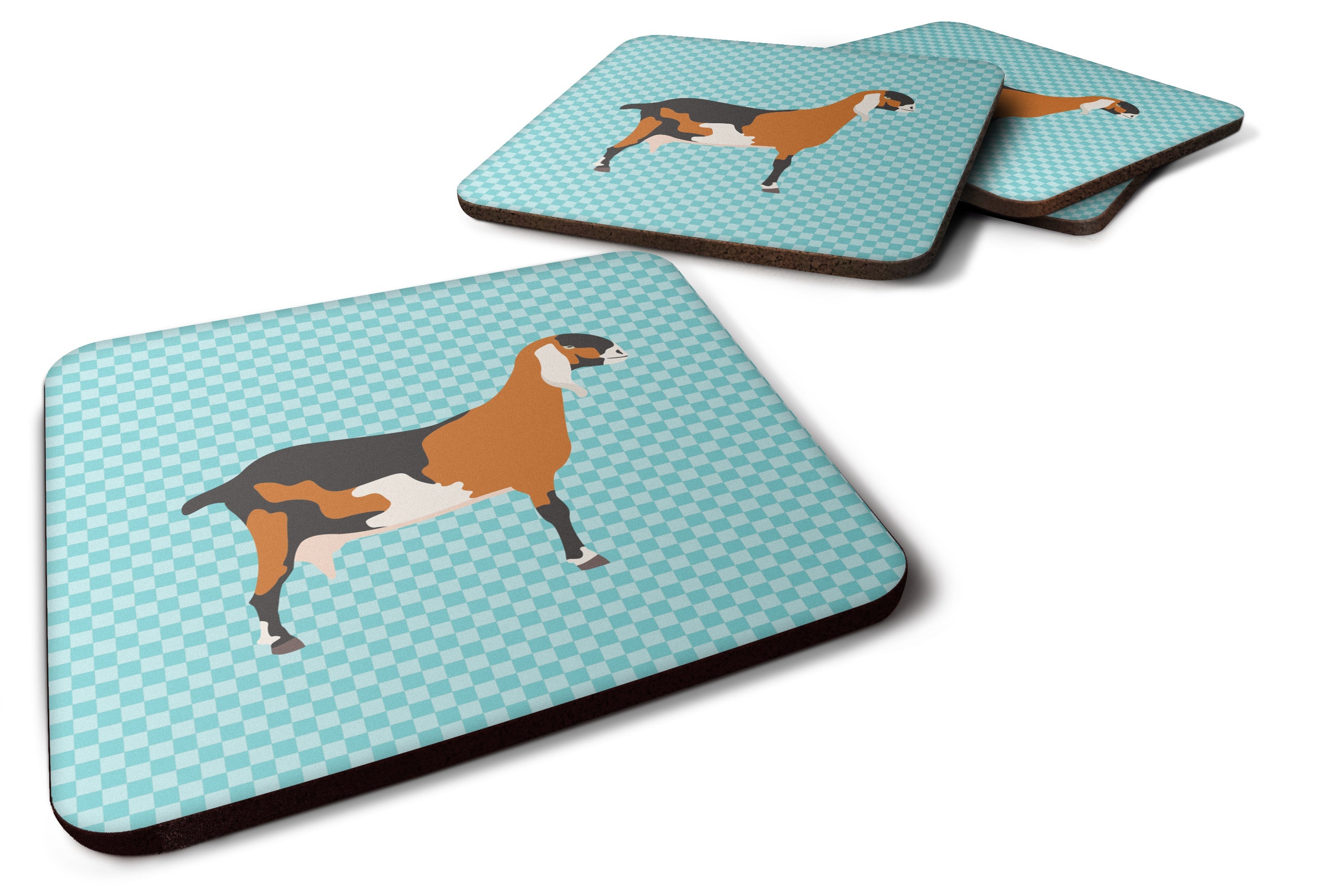 Anglo-nubian Nubian Goat Blue Check Foam Coasters Set of 4 Cup Coasters for Indoor Outdoor, Tabletop Protection, Anti Slip, Mouse pad Material