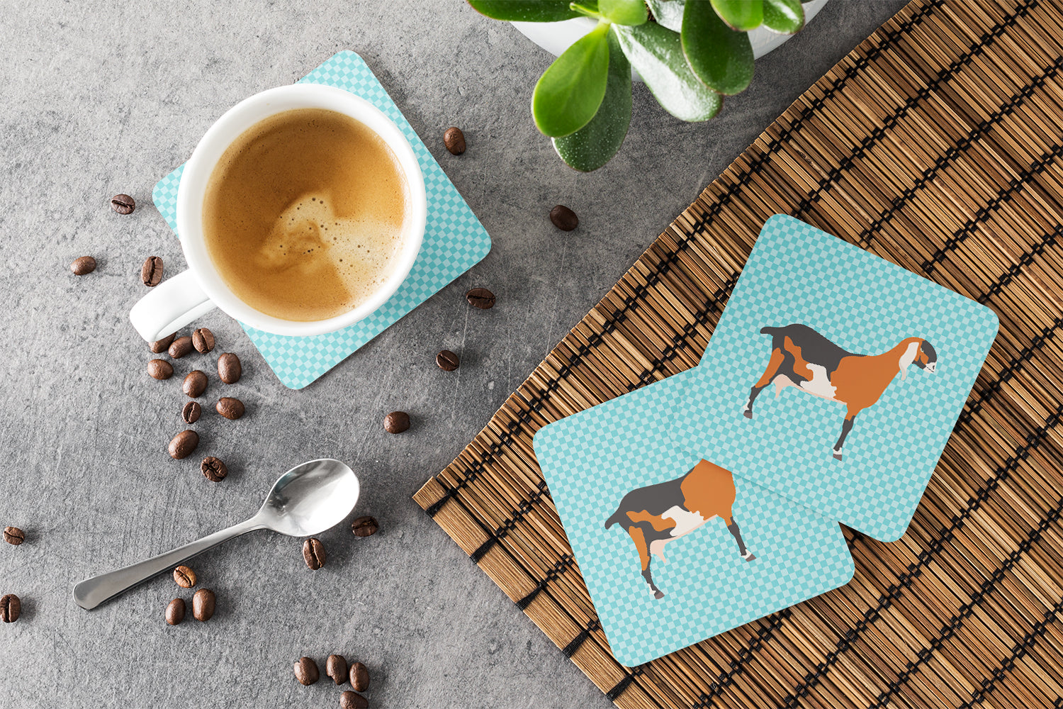 Anglo-nubian Nubian Goat Blue Check Foam Coasters Set of 4 Cup Coasters for Indoor Outdoor, Tabletop Protection, Anti Slip, Mouse pad Material