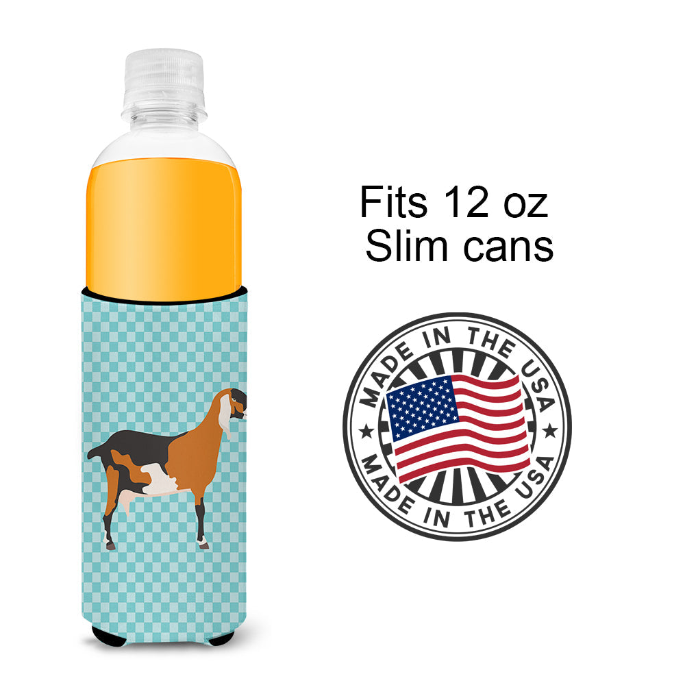 Anglo-nubian Nubian Goat Blue Check Slim Can Hugger , Insulated Foam Hugger for 12 oz Slim Cans, Beer Bottles & Water Bottles, Printed in USA
