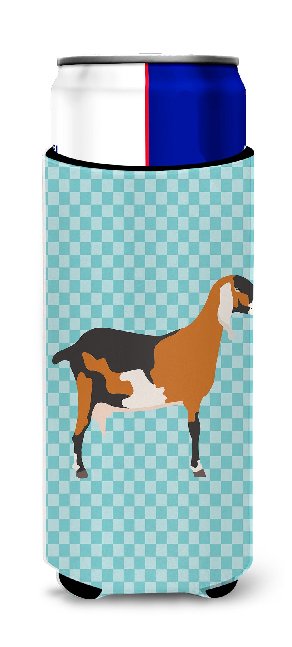 Anglo-nubian Nubian Goat Blue Check Slim Can Hugger , Insulated Foam Hugger for 12 oz Slim Cans, Beer Bottles & Water Bottles, Printed in USA