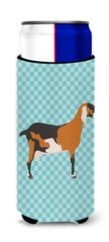 Anglo-nubian Nubian Goat Blue Check Slim Can Hugger , Insulated Foam Hugger for 12 oz Slim Cans, Beer Bottles & Water Bottles, Printed in USA