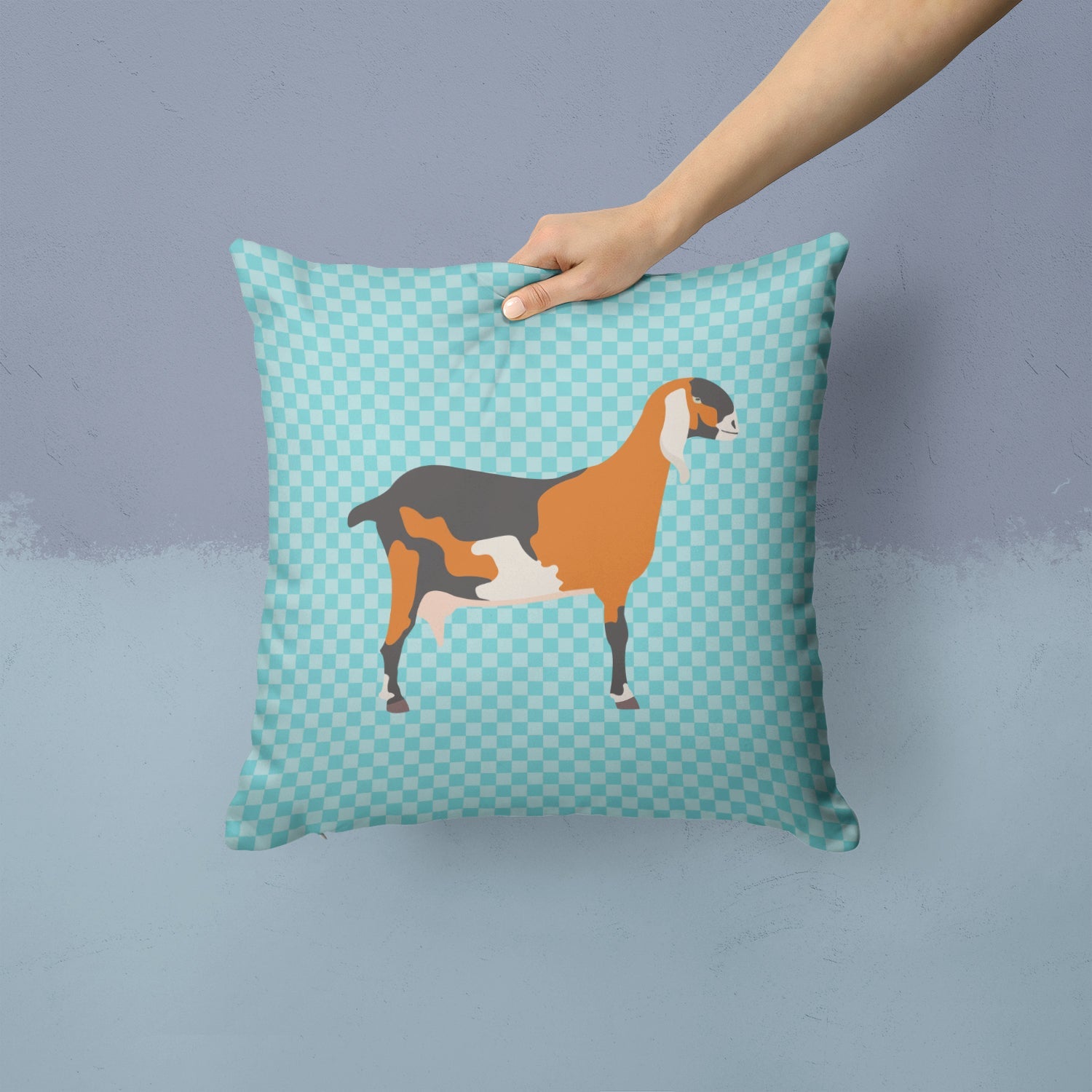 Anglo-nubian Nubian Goat Blue Check Decorative Throw Pillow 14x14 Indoor Outdoor Accent Cushion, Fabric Cover with Insert for Sofa, Bed, Porch & Living Room