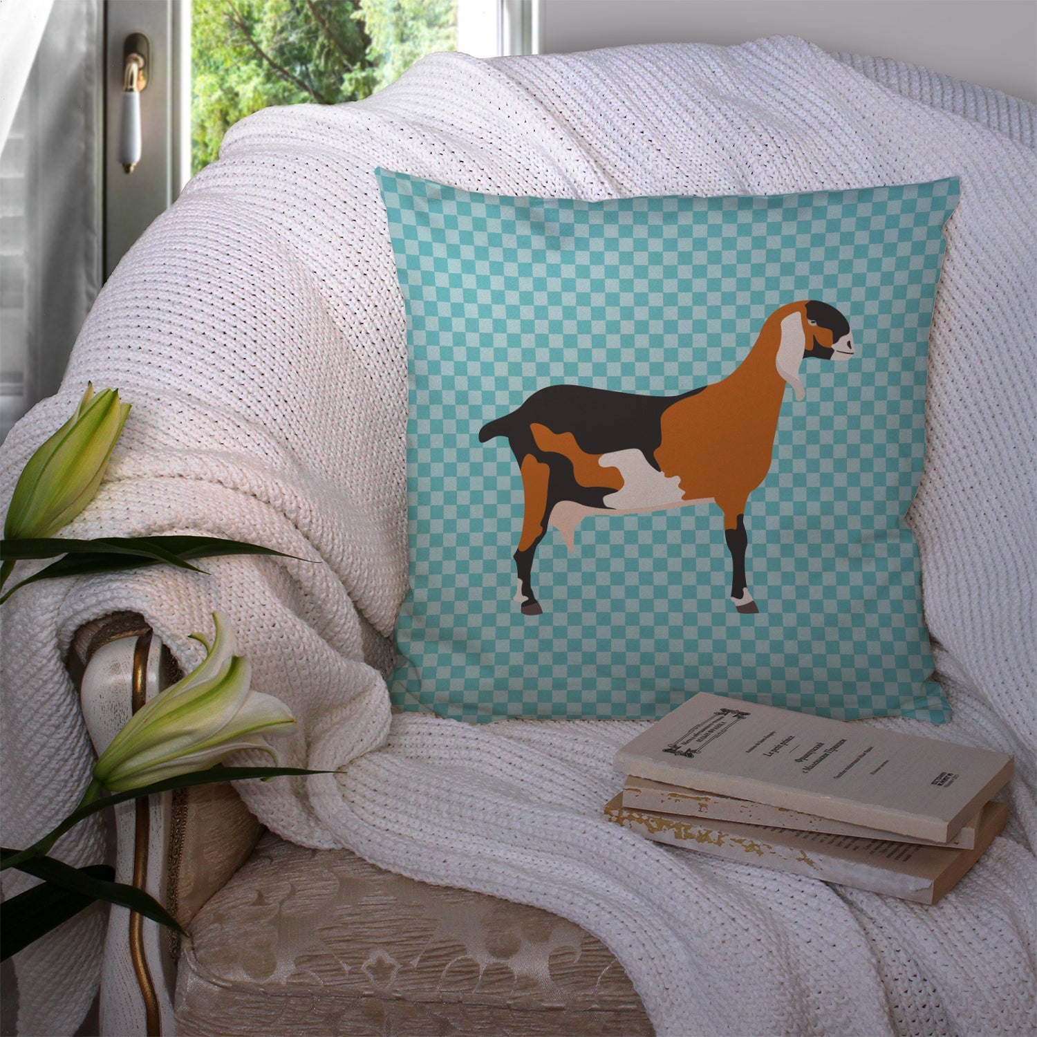 Anglo-nubian Nubian Goat Blue Check Decorative Throw Pillow 14x14 Indoor Outdoor Accent Cushion, Fabric Cover with Insert for Sofa, Bed, Porch & Living Room