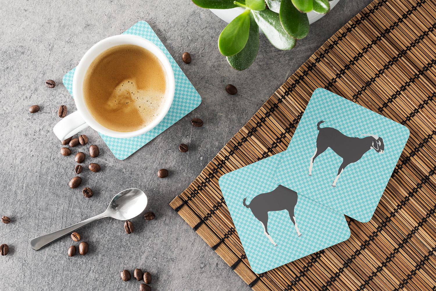 Black Bengal Goat Blue Check Foam Coasters Set of 4 Cup Coasters for Indoor Outdoor, Tabletop Protection, Anti Slip, Mouse pad Material