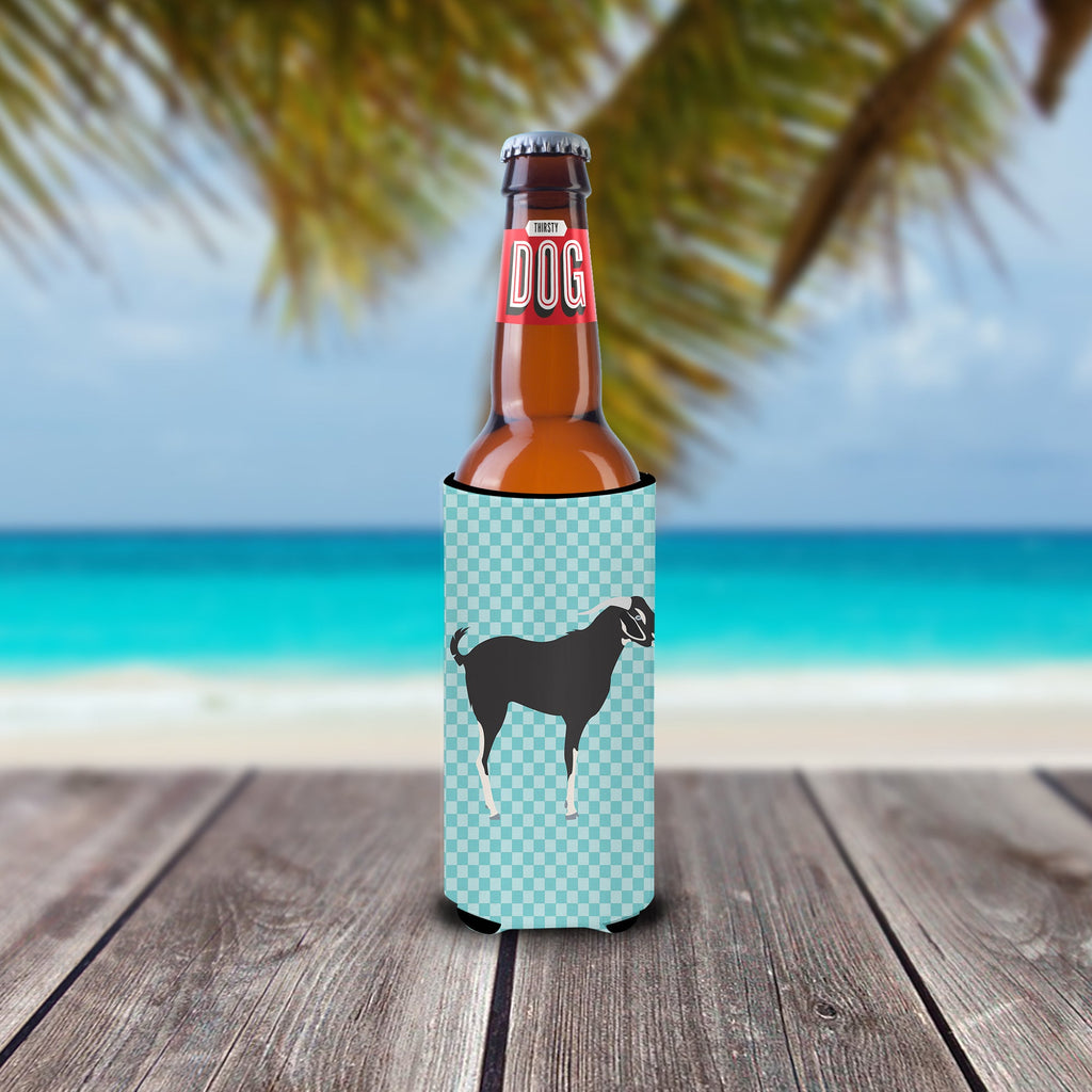 Black Bengal Goat Blue Check Slim Can Hugger , Insulated Foam Hugger for 12 oz Slim Cans, Beer Bottles & Water Bottles, Printed in USA