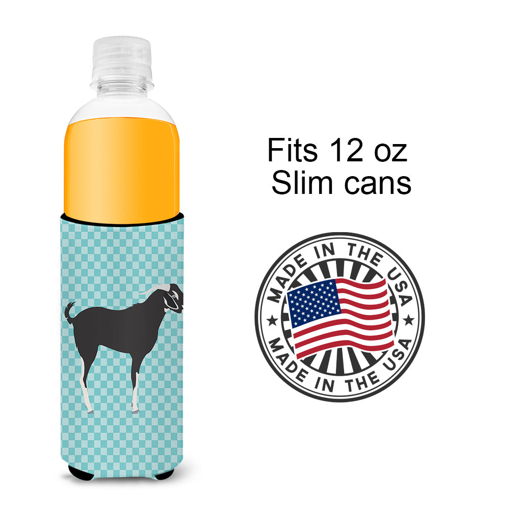 Black Bengal Goat Blue Check Slim Can Hugger , Insulated Foam Hugger for 12 oz Slim Cans, Beer Bottles & Water Bottles, Printed in USA