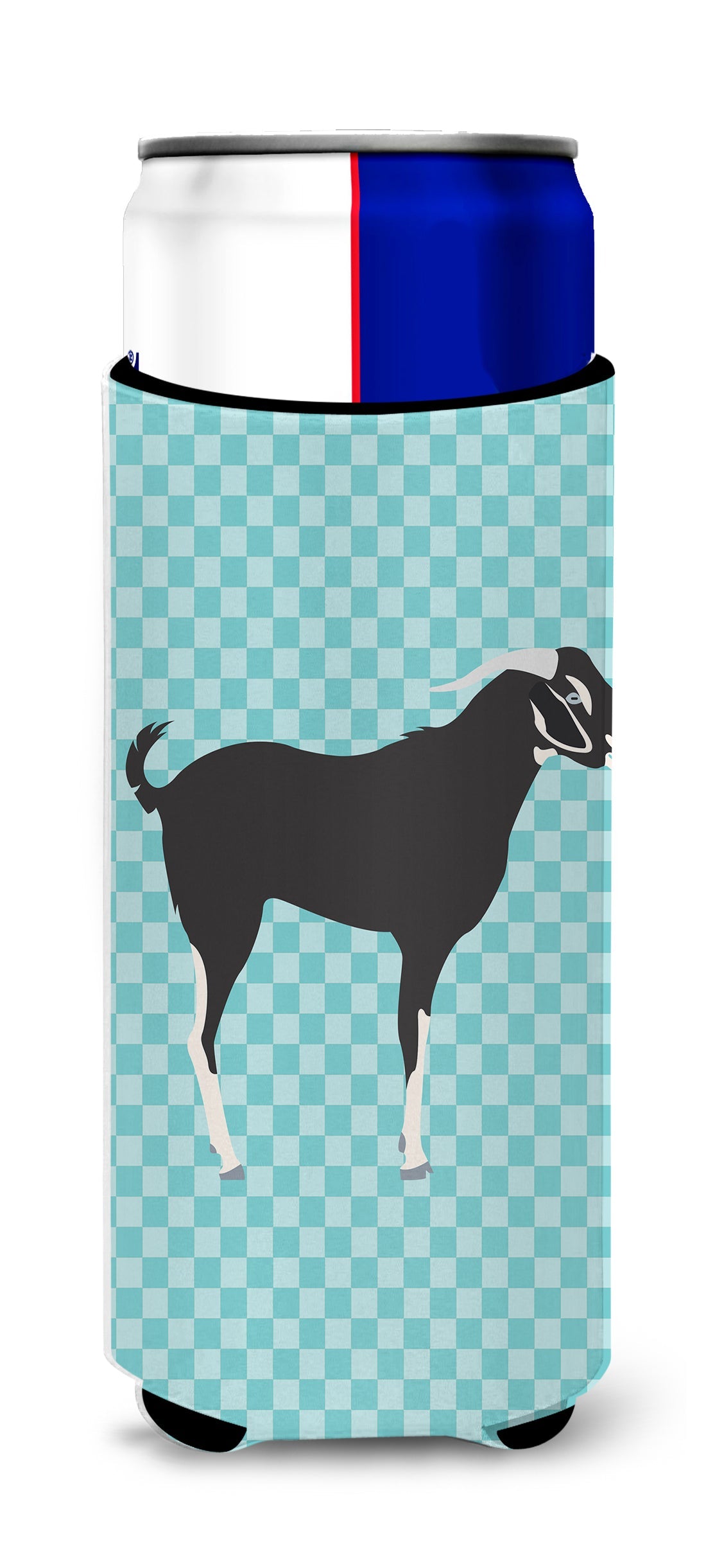 Black Bengal Goat Blue Check Slim Can Hugger , Insulated Foam Hugger for 12 oz Slim Cans, Beer Bottles & Water Bottles, Printed in USA